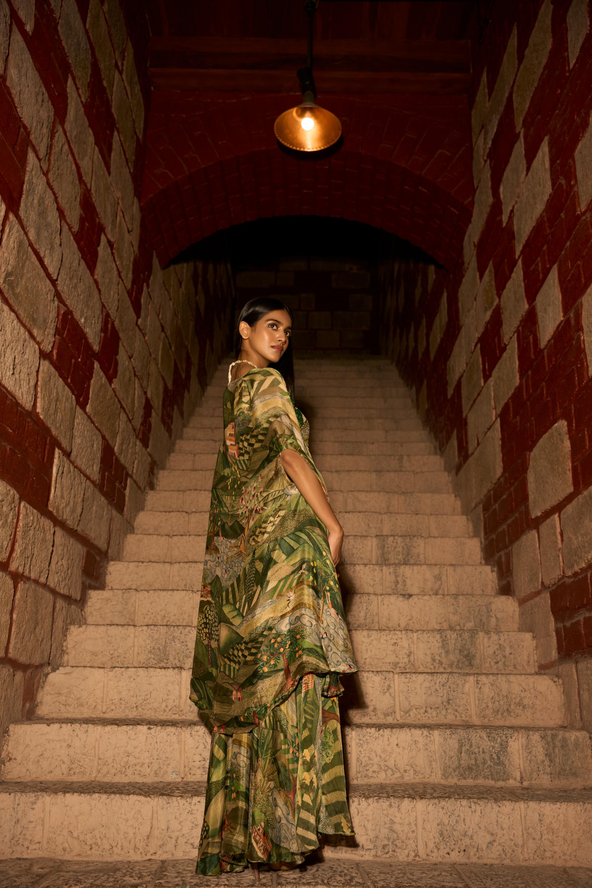 Enchanted Canopy – Jungle Print Cowl Skirt Set with Handwork Blouse and Shrug