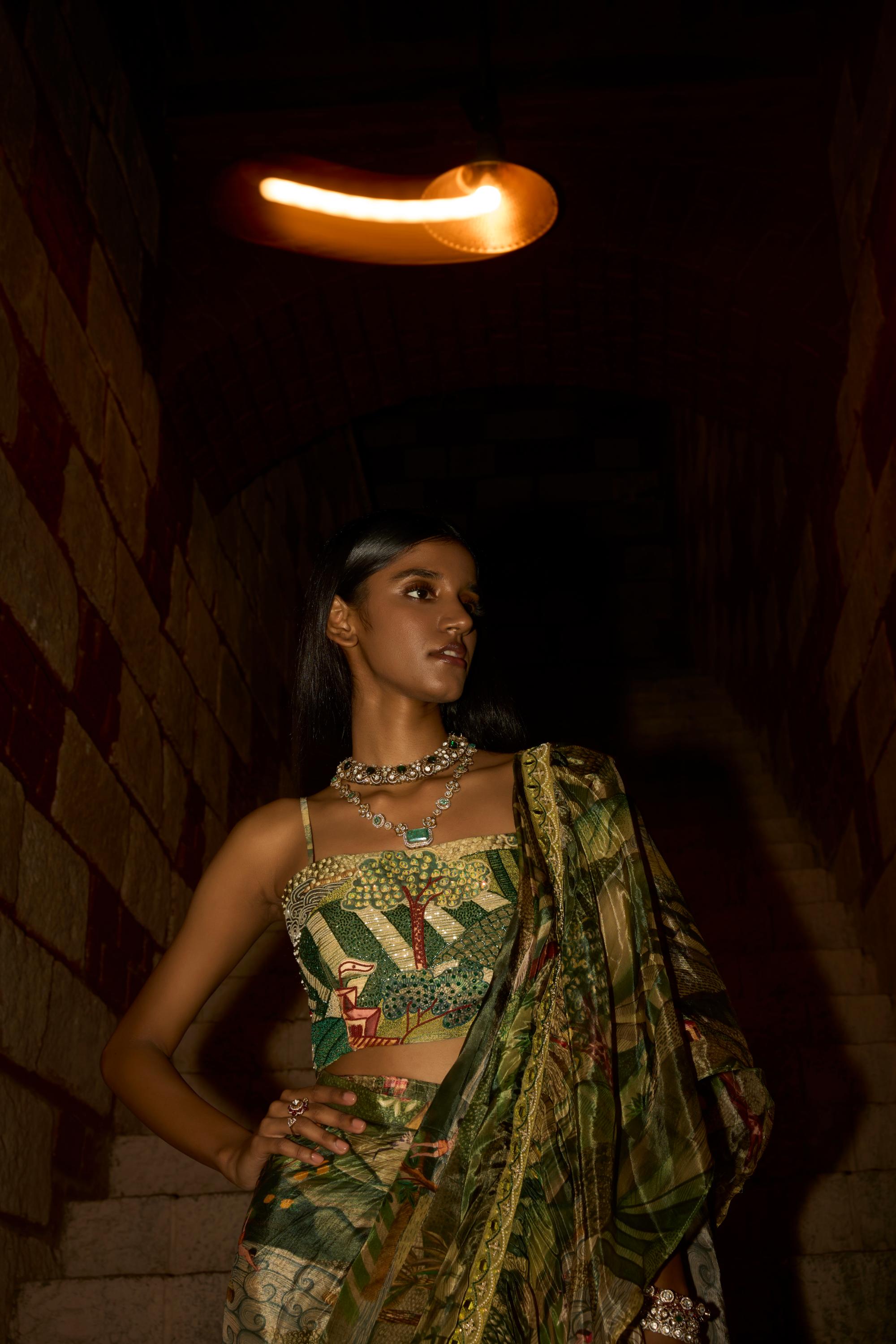 Jungle Print Ruffle Saree with Handwork Blouse