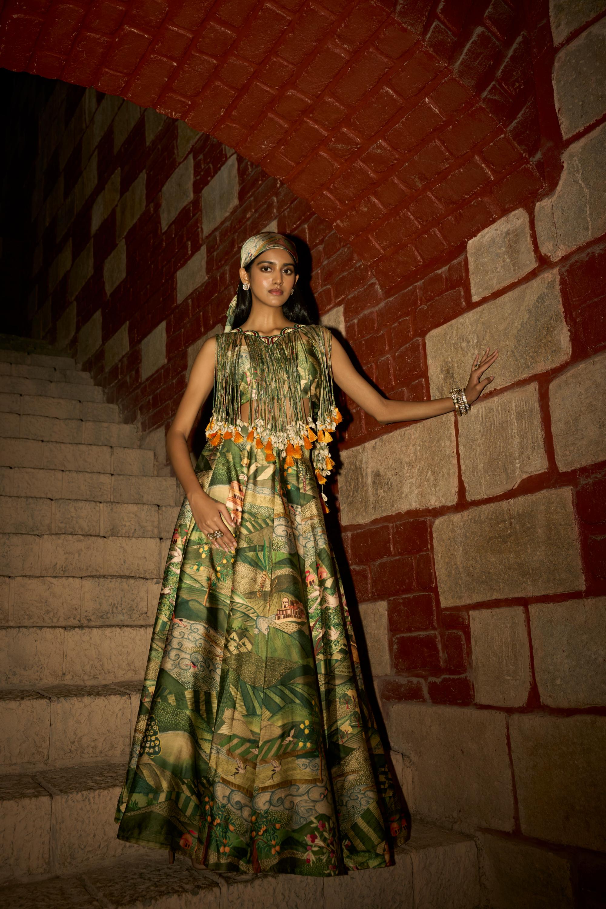 Tales of the Tropics – Jungle Print Skirt Set with Handcrafted Dori & Shell Tassel Detailing