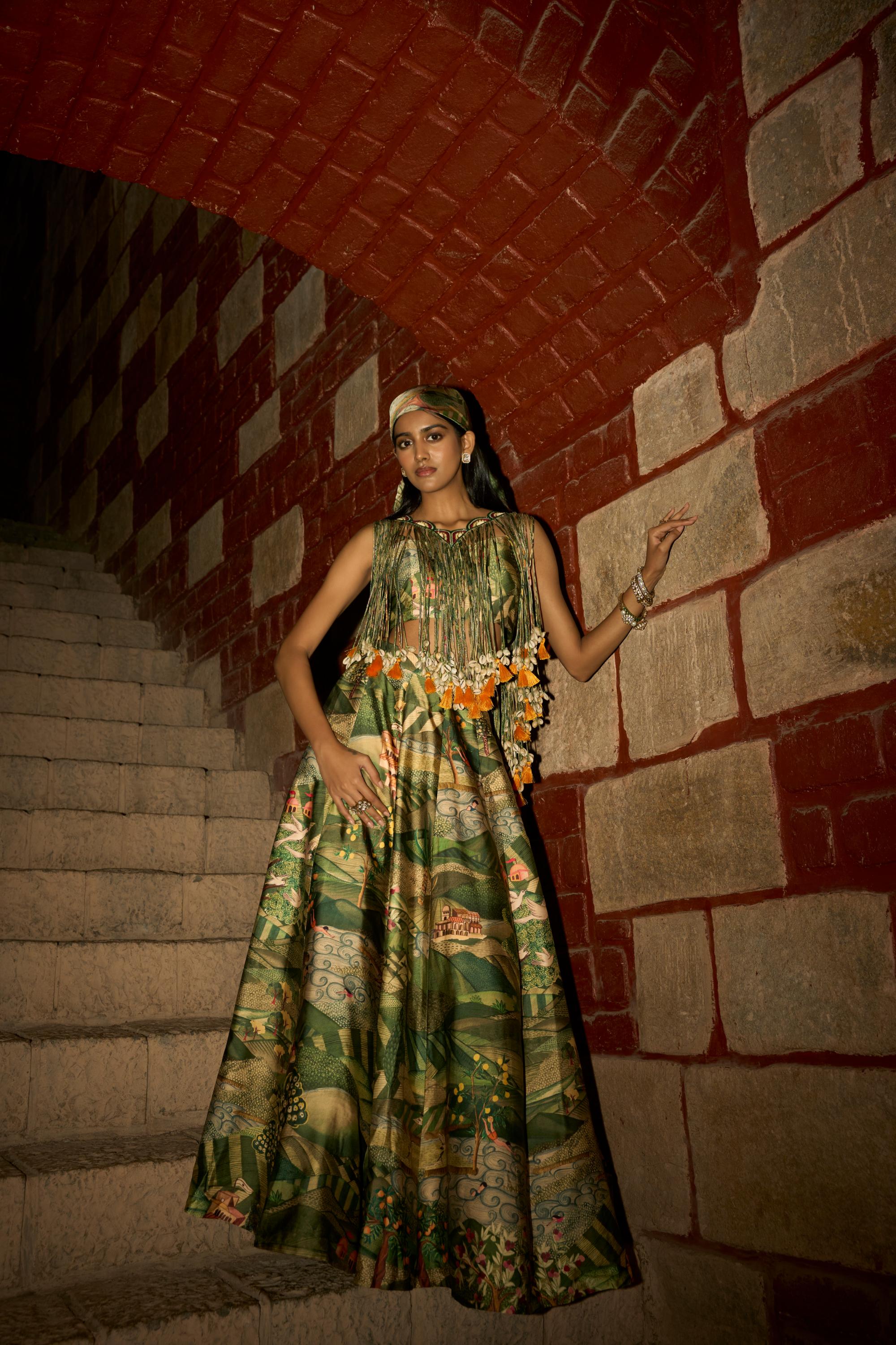 Tales of the Tropics – Jungle Print Skirt Set with Handcrafted Dori & Shell Tassel Detailing