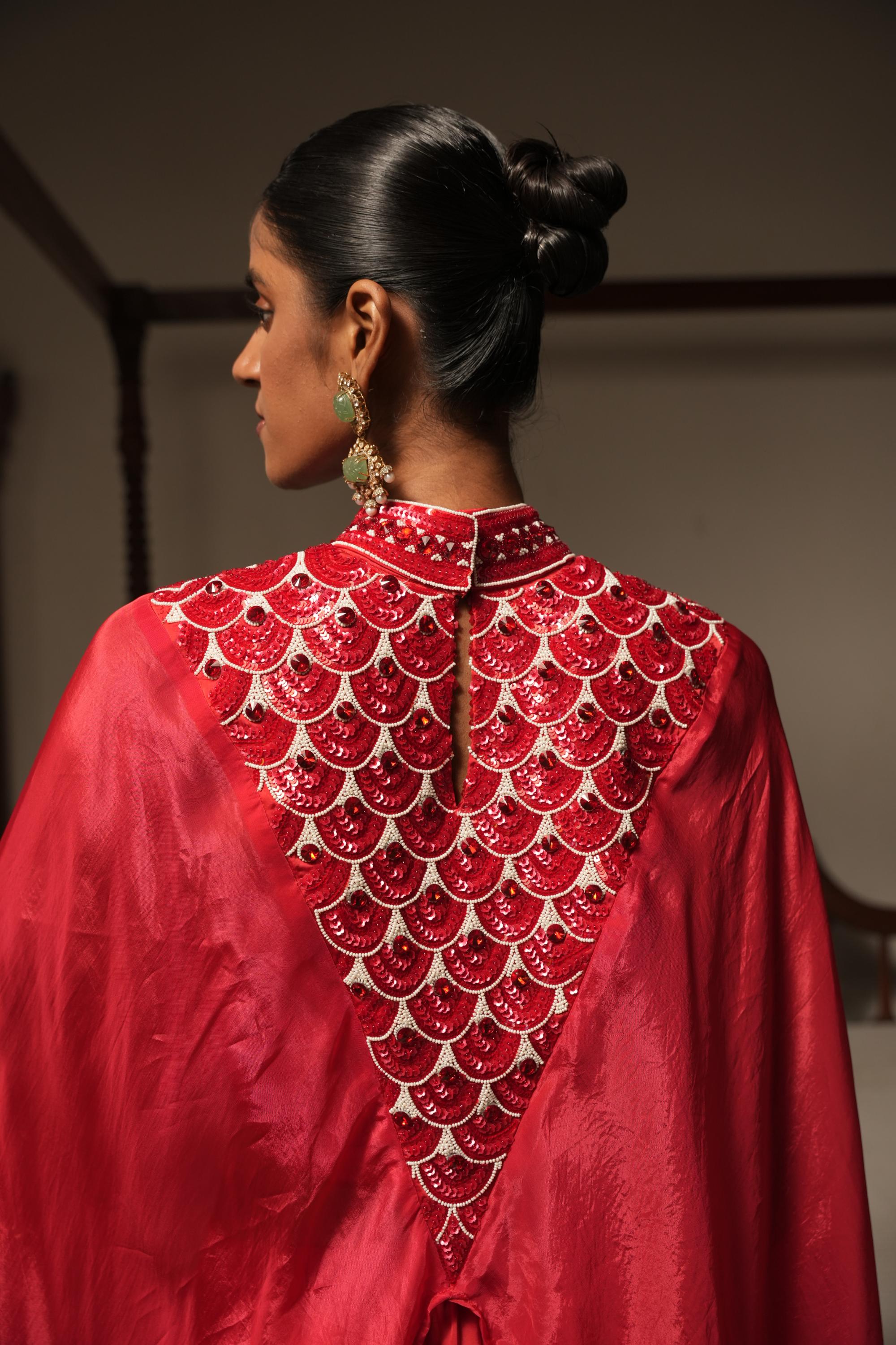 Crimson Asymmetric Cape with Handwork, Satin Blouse & Pants