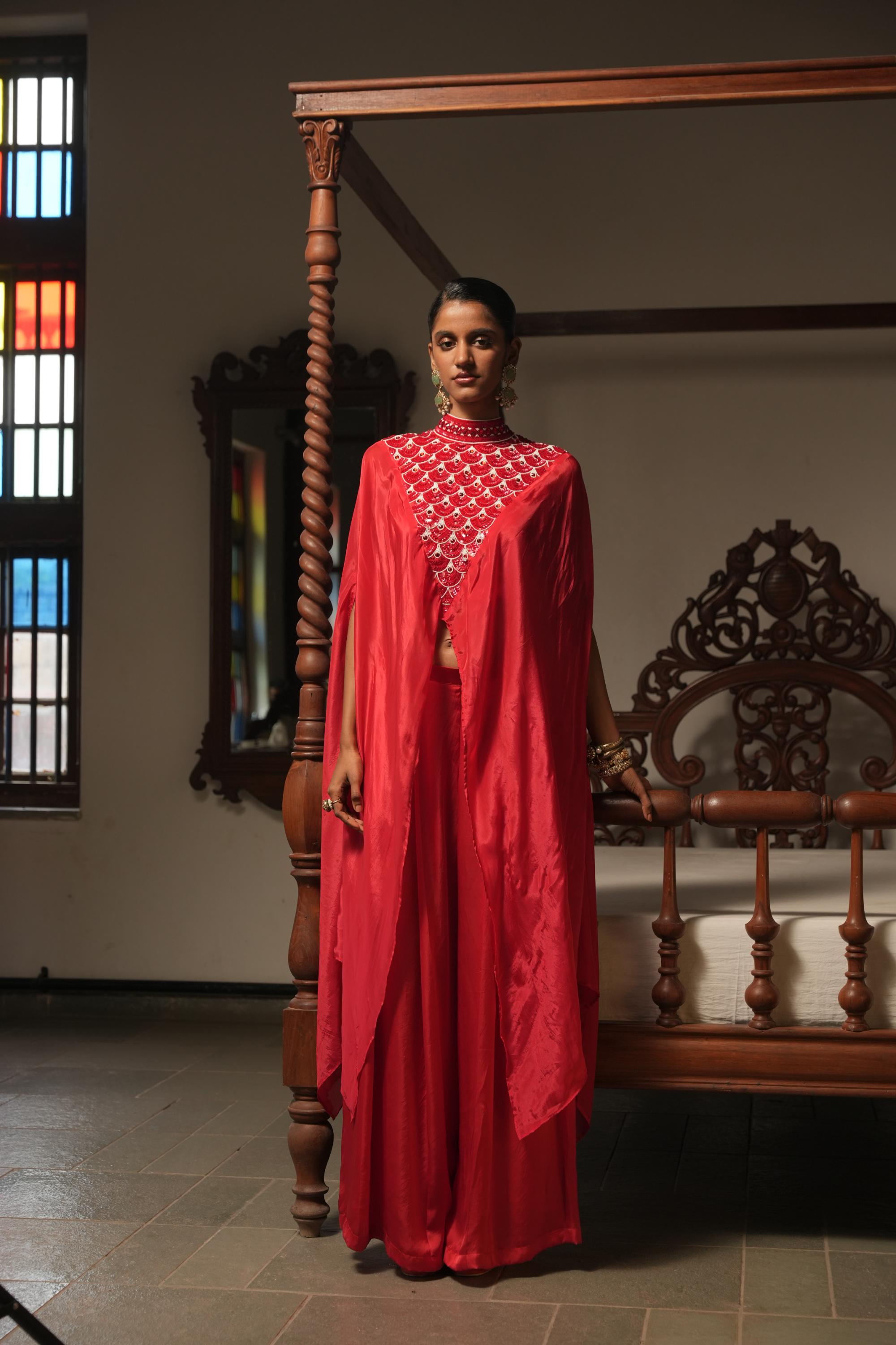 Crimson Asymmetric Cape with Handwork, Satin Blouse & Pants