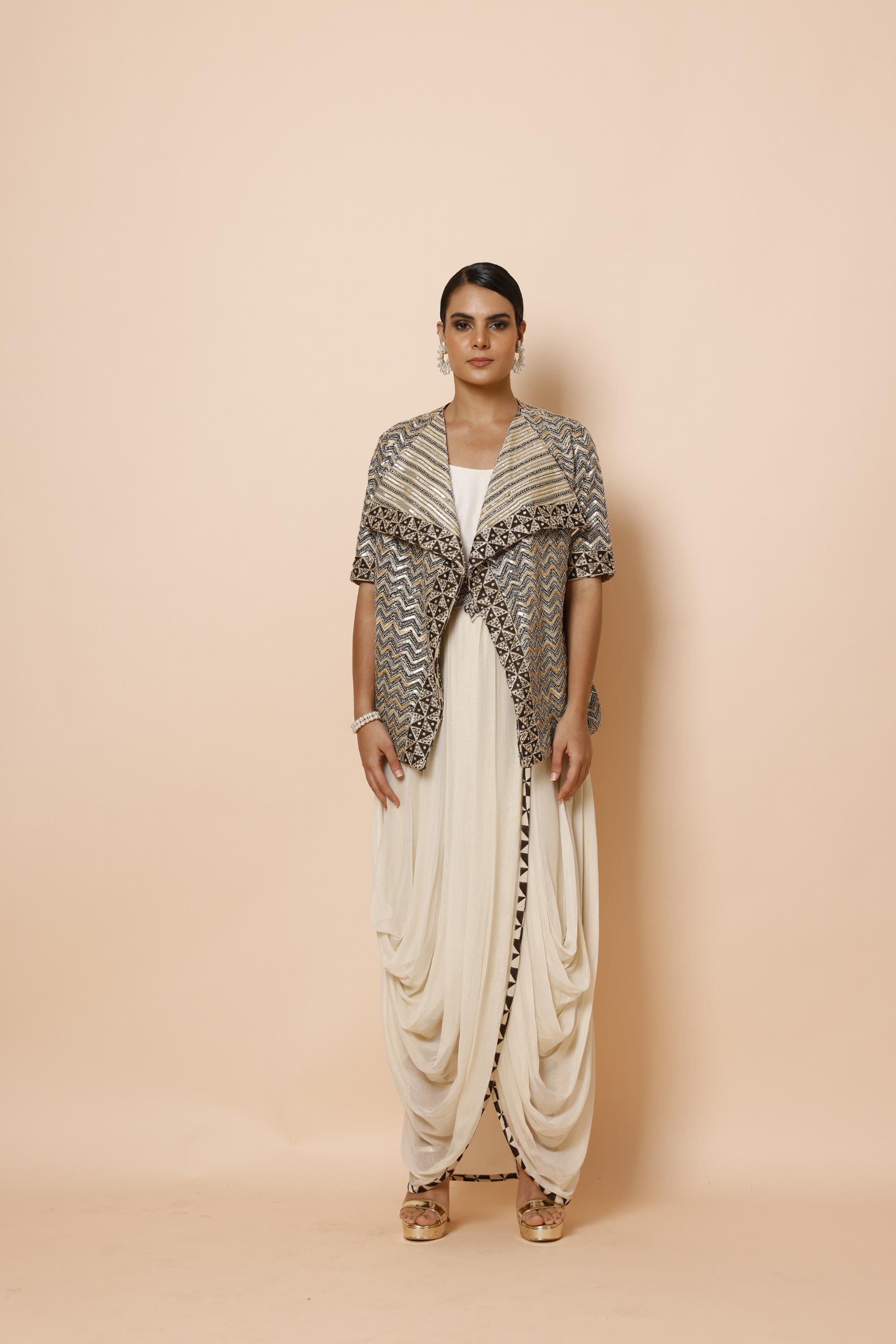 IVORY COWL DRAPE ONE PIECE WITH AJRAKH JACKET AND BELT