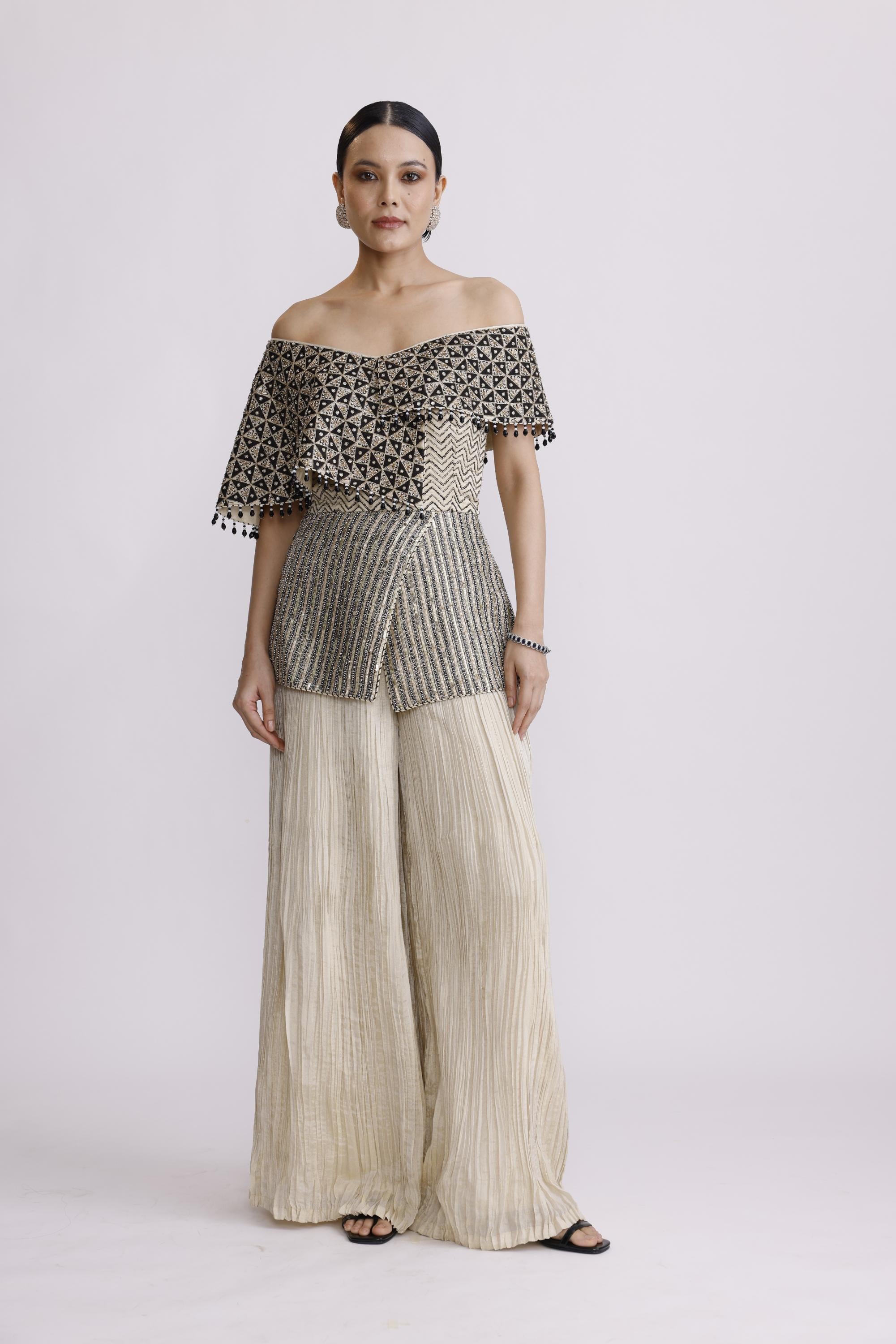 IVORY OFF SHOULDER PAPLUM TOP WITH CRUSH STRAIGHT PANTS