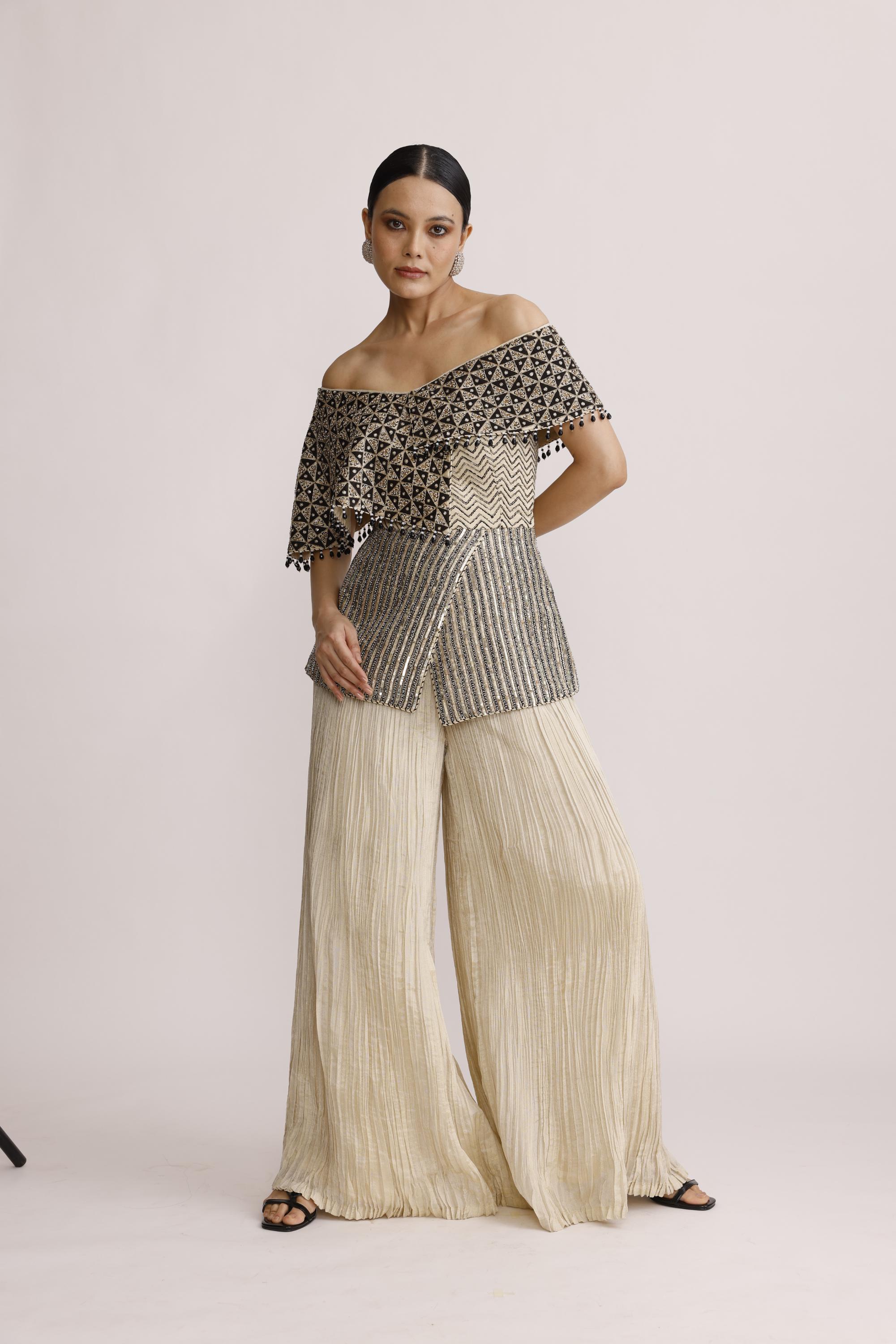 IVORY OFF SHOULDER PAPLUM TOP WITH CRUSH STRAIGHT PANTS