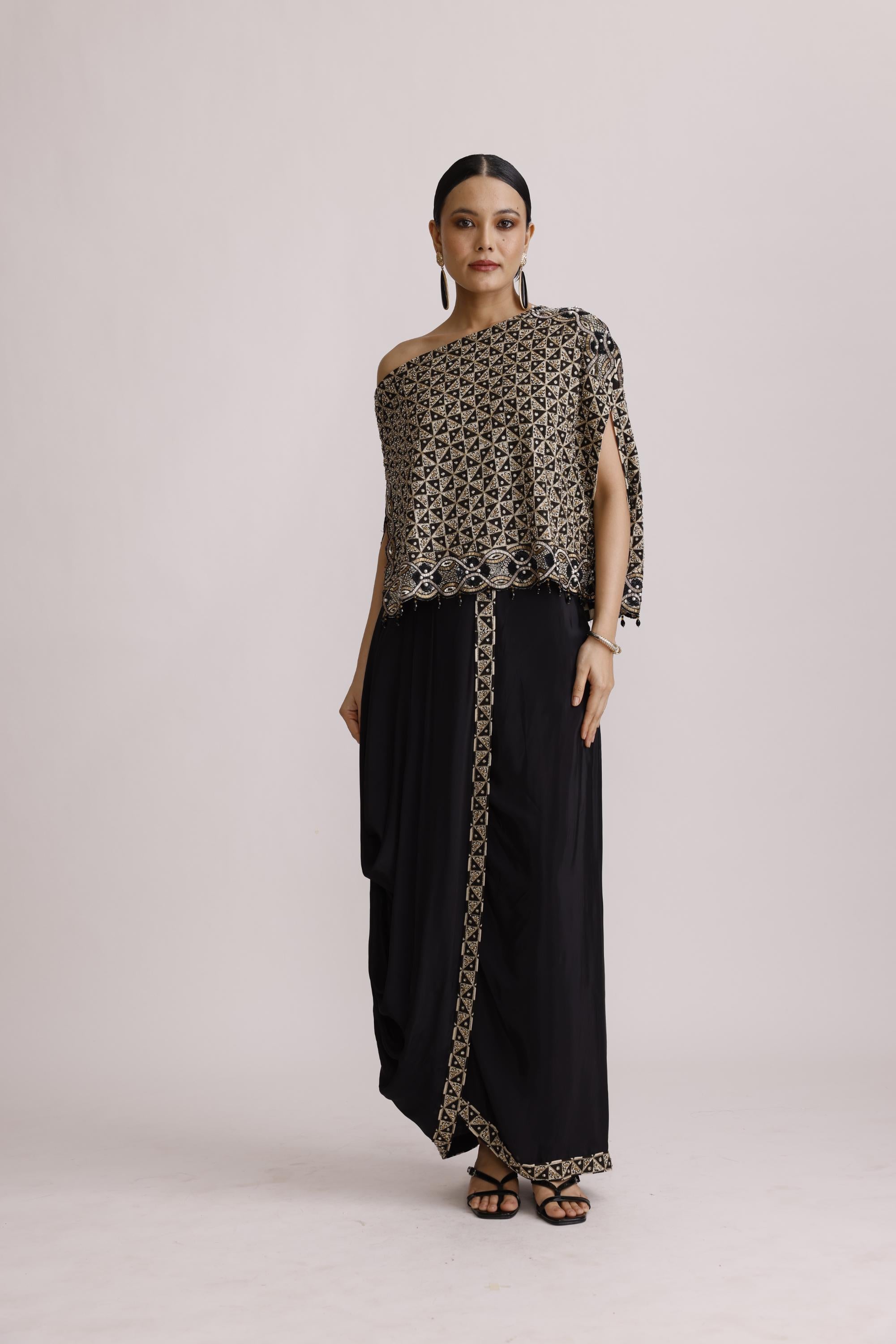 AJRAKH ONE SHOULDER TOP WITH DRAPE SKIRT
