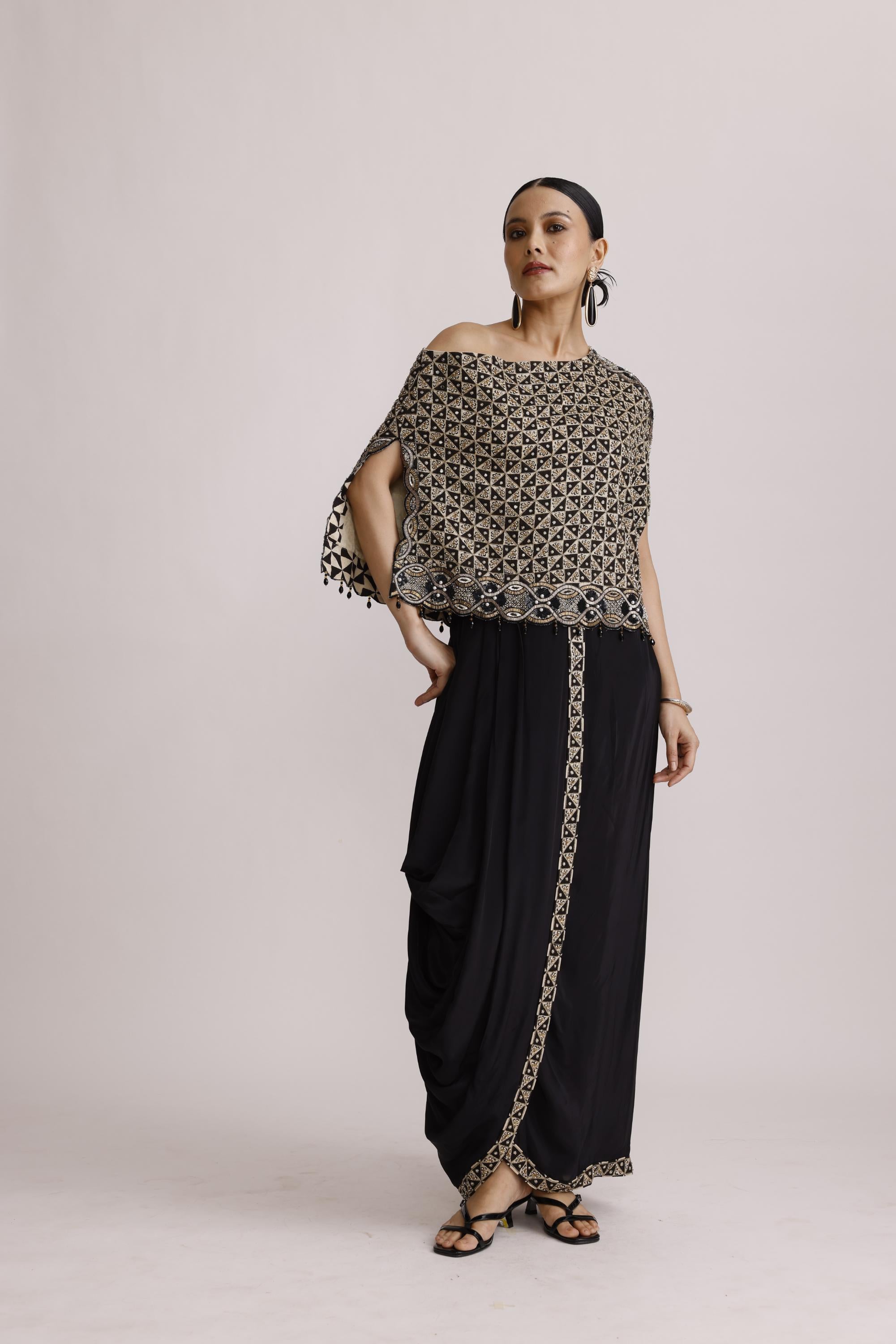AJRAKH ONE SHOULDER TOP WITH DRAPE SKIRT