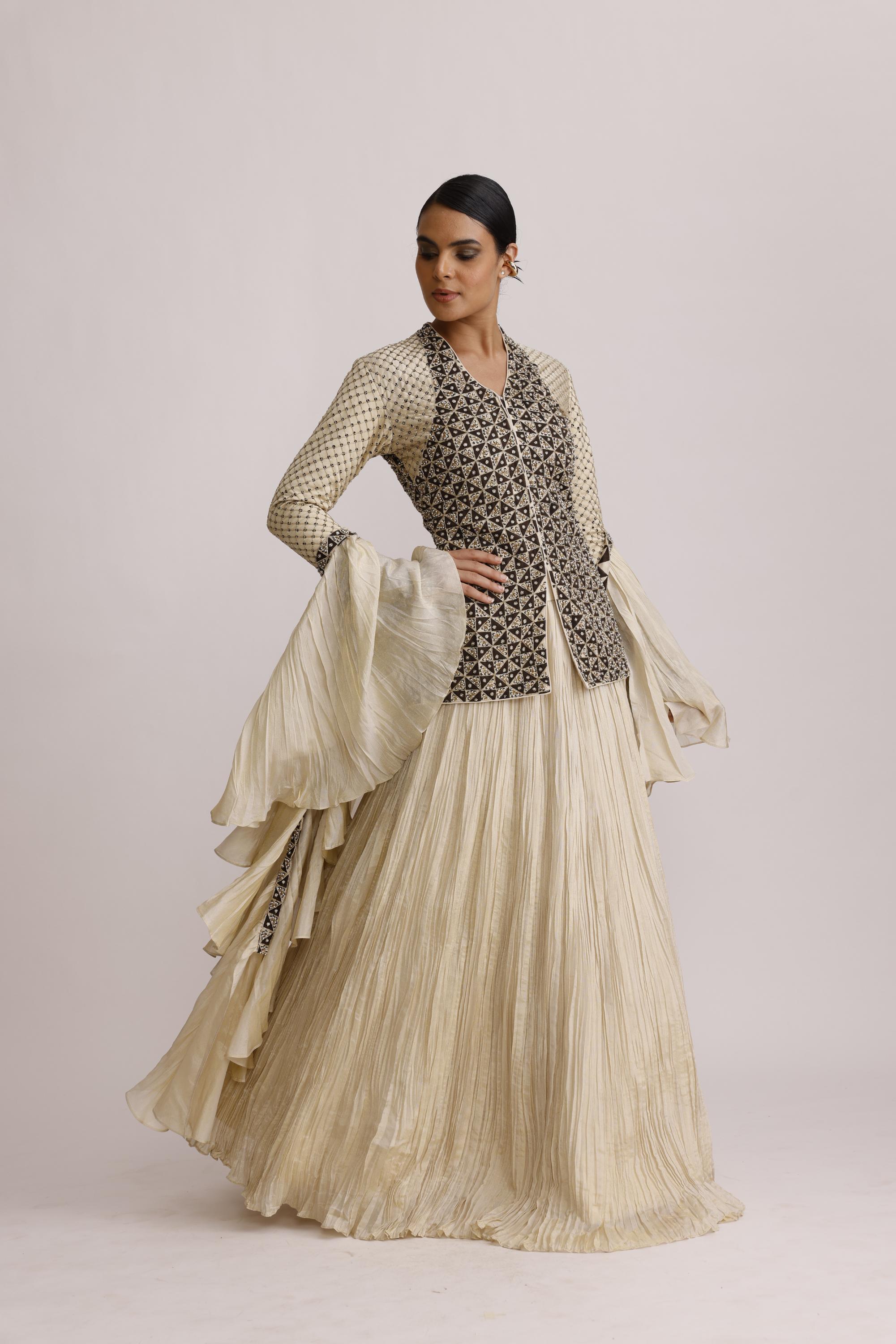 IVORY AJRAKH JACKET WITH CRUSH SKIRT AND FRILL DUPATTA