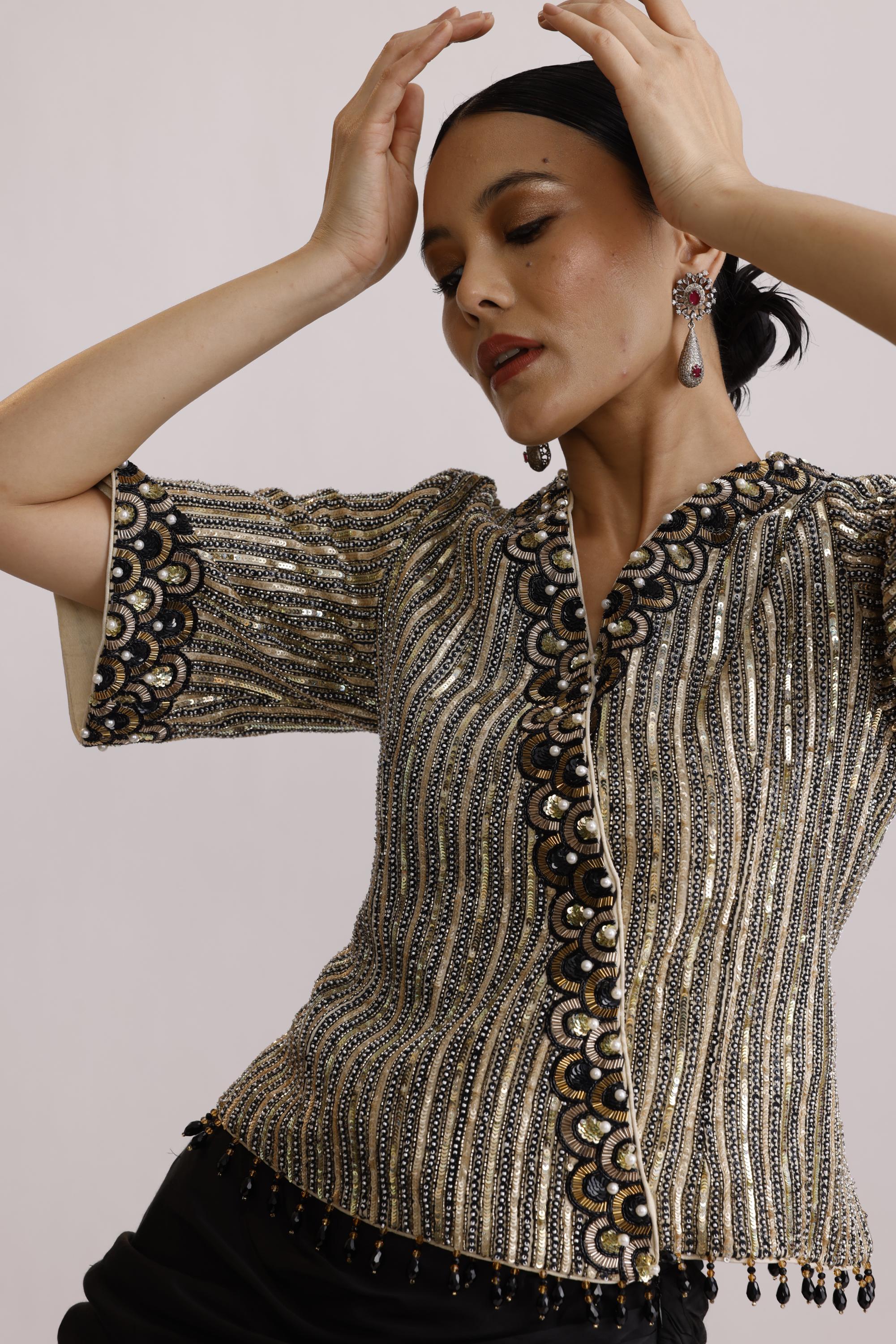 SHIMMER TISSUE EMBROIDED TOP WITH DRAPE SKIRT