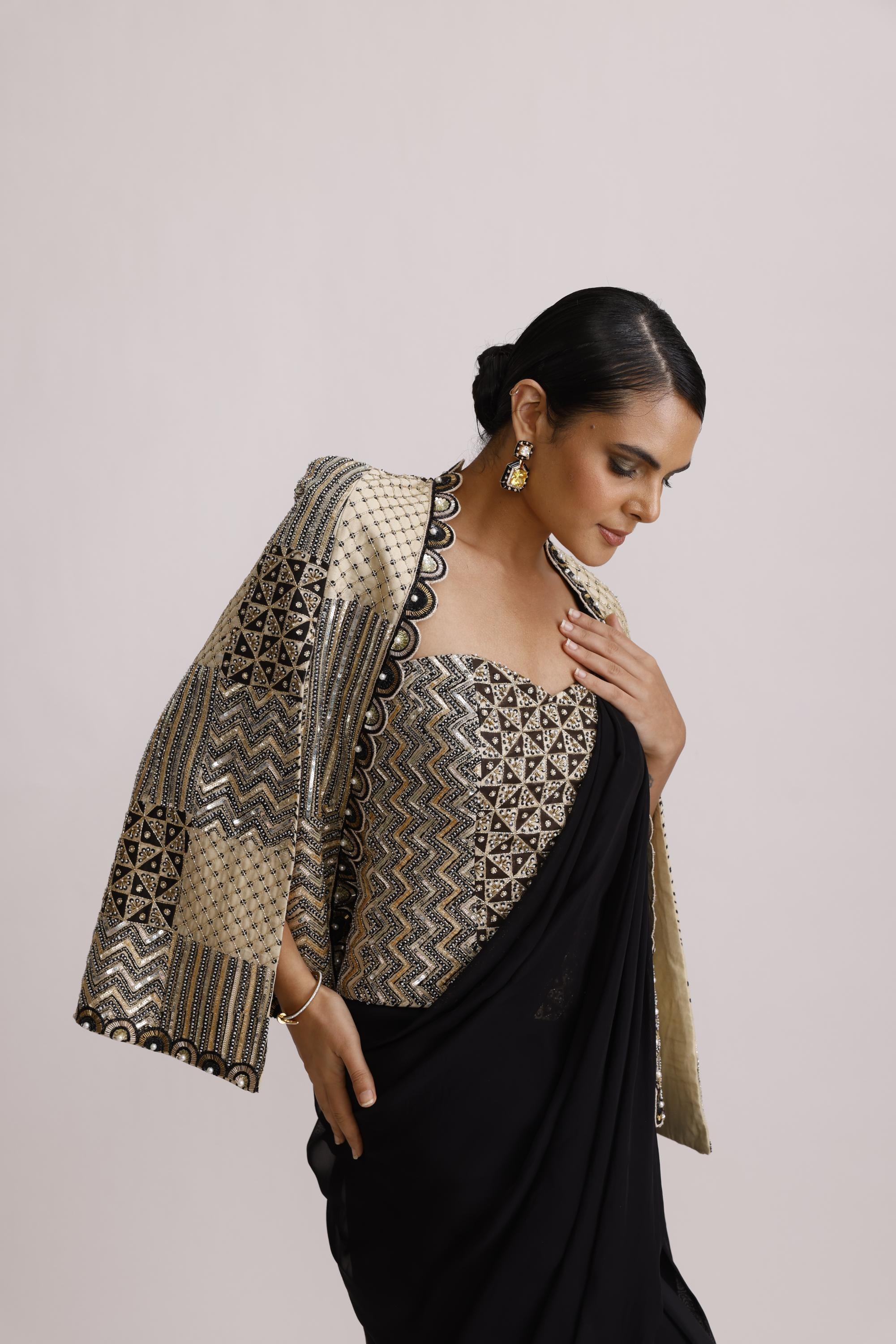 BLACK PRE DRAPE SAREE WITH BRALETTE AND CAPE JACKET