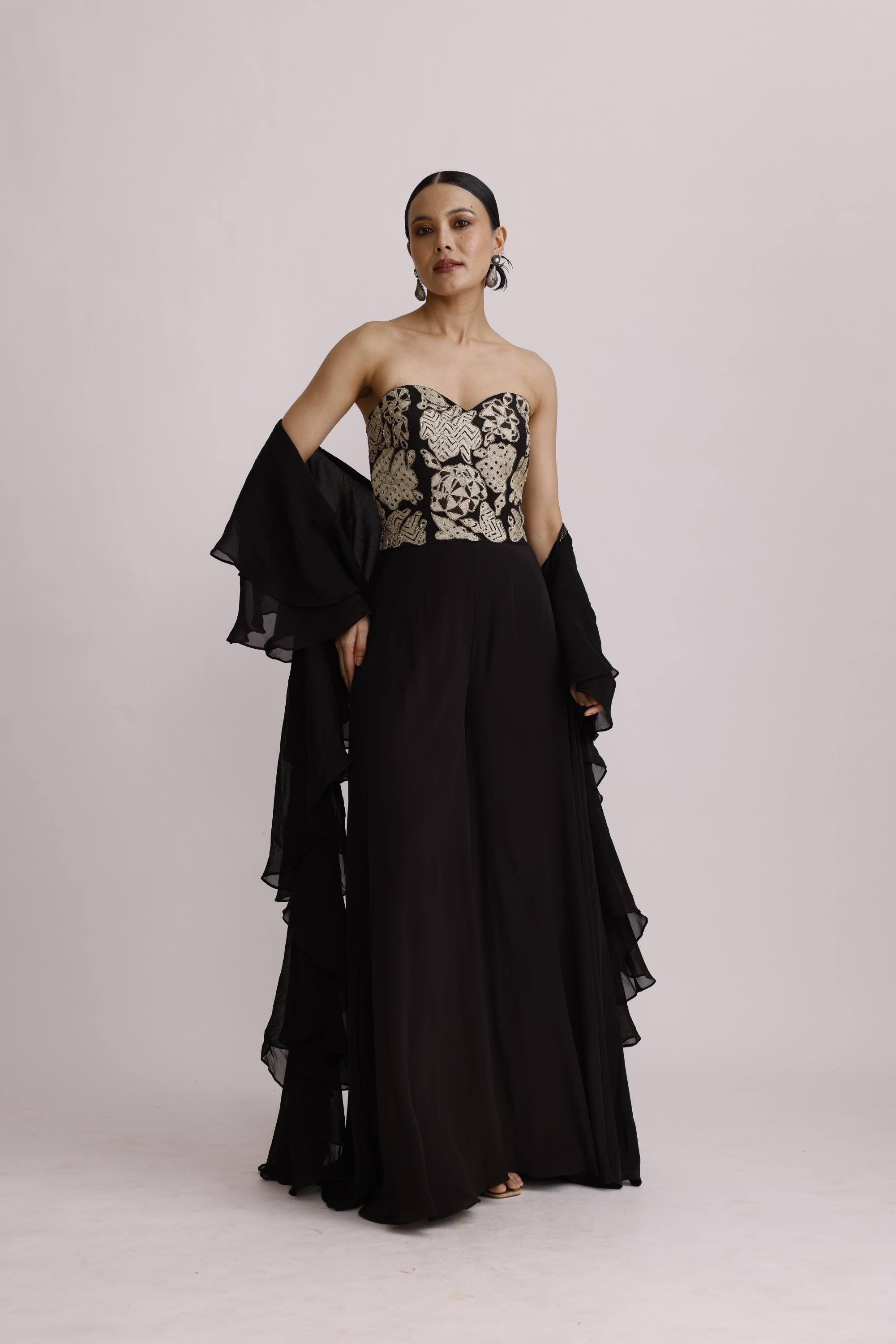 BLACK CORSET JUMPSUIT WITH RUFFLE DUPATTA