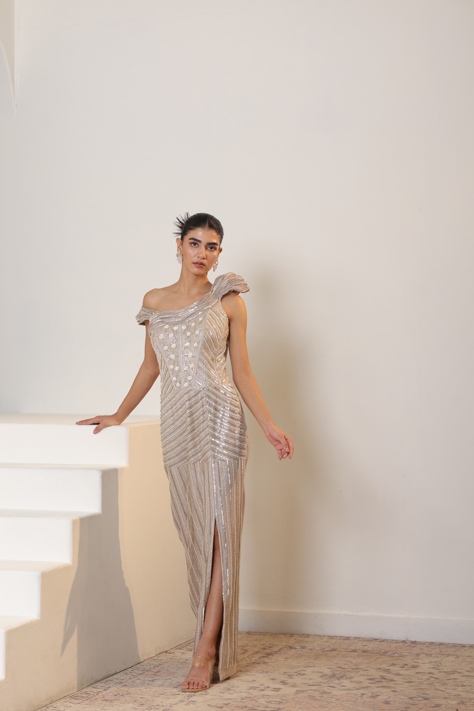 Champagne Mettelic Lycra Crepe Embroidered Gown -Elegant Cocktail Wear