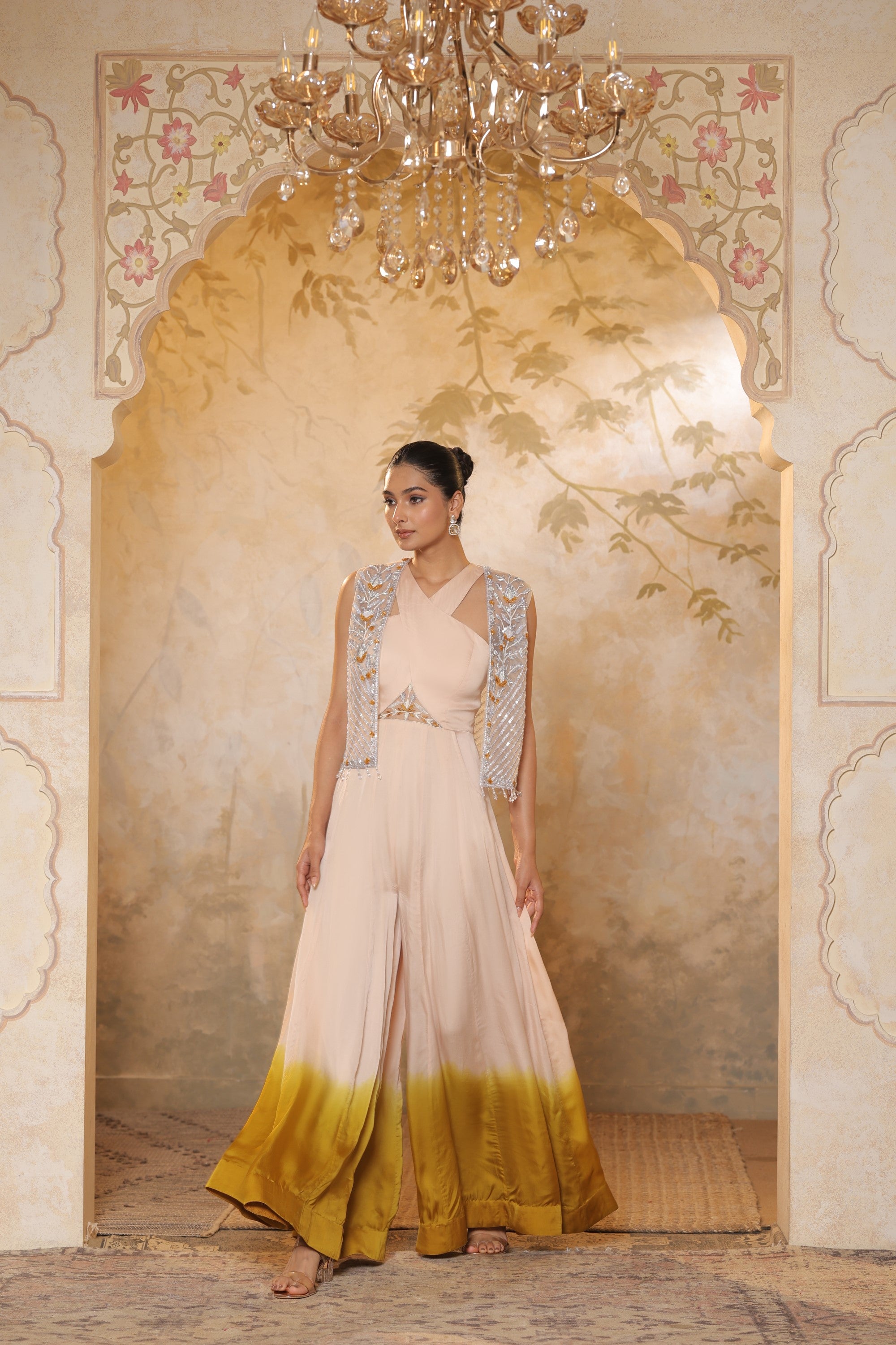 Ivory Pink Satin Organza Embroidered Jumpsuit - Designer Festive Wear