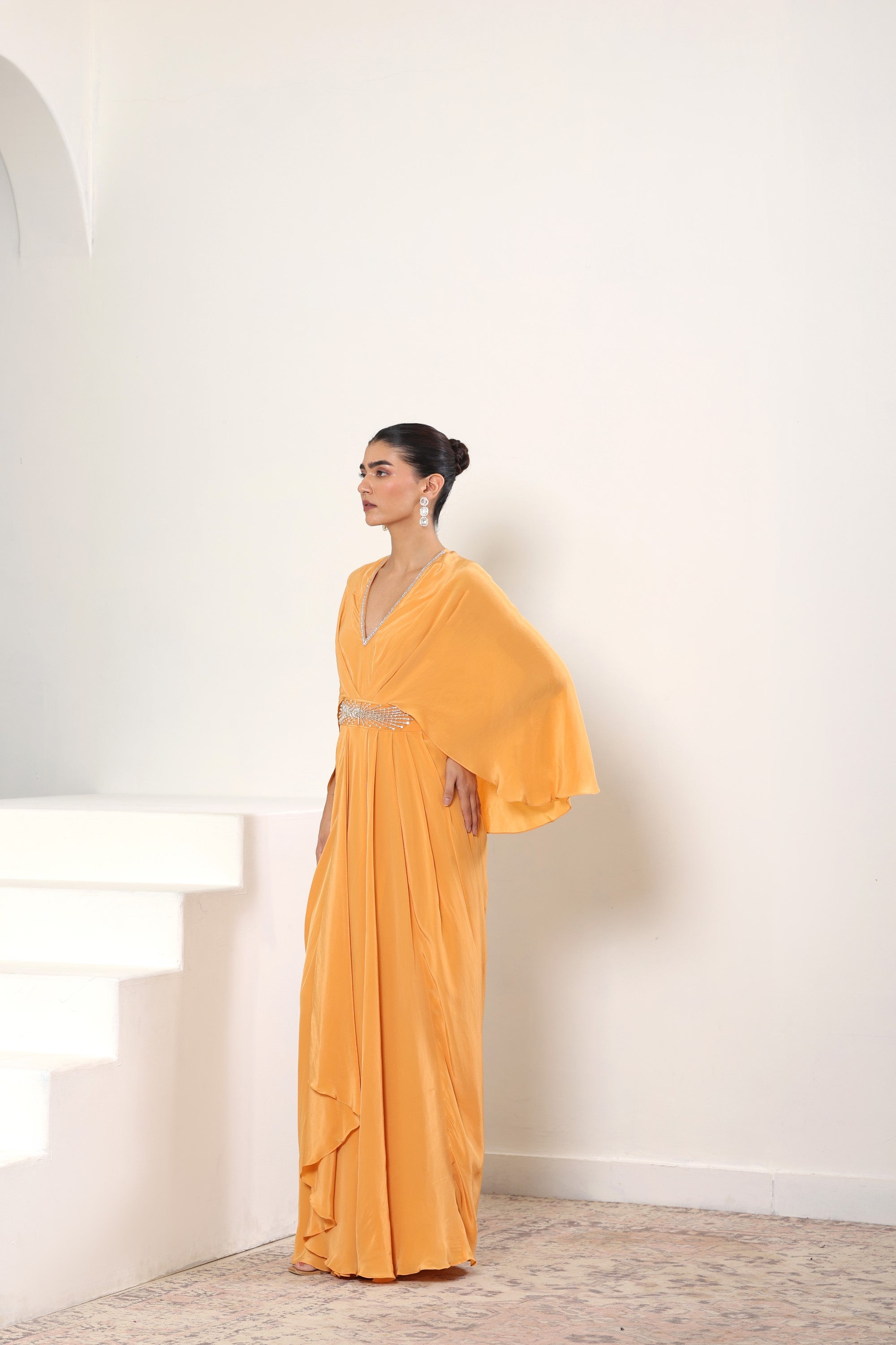 Orange Crepe Embroidered Kaftan – Luxury Evening Wear