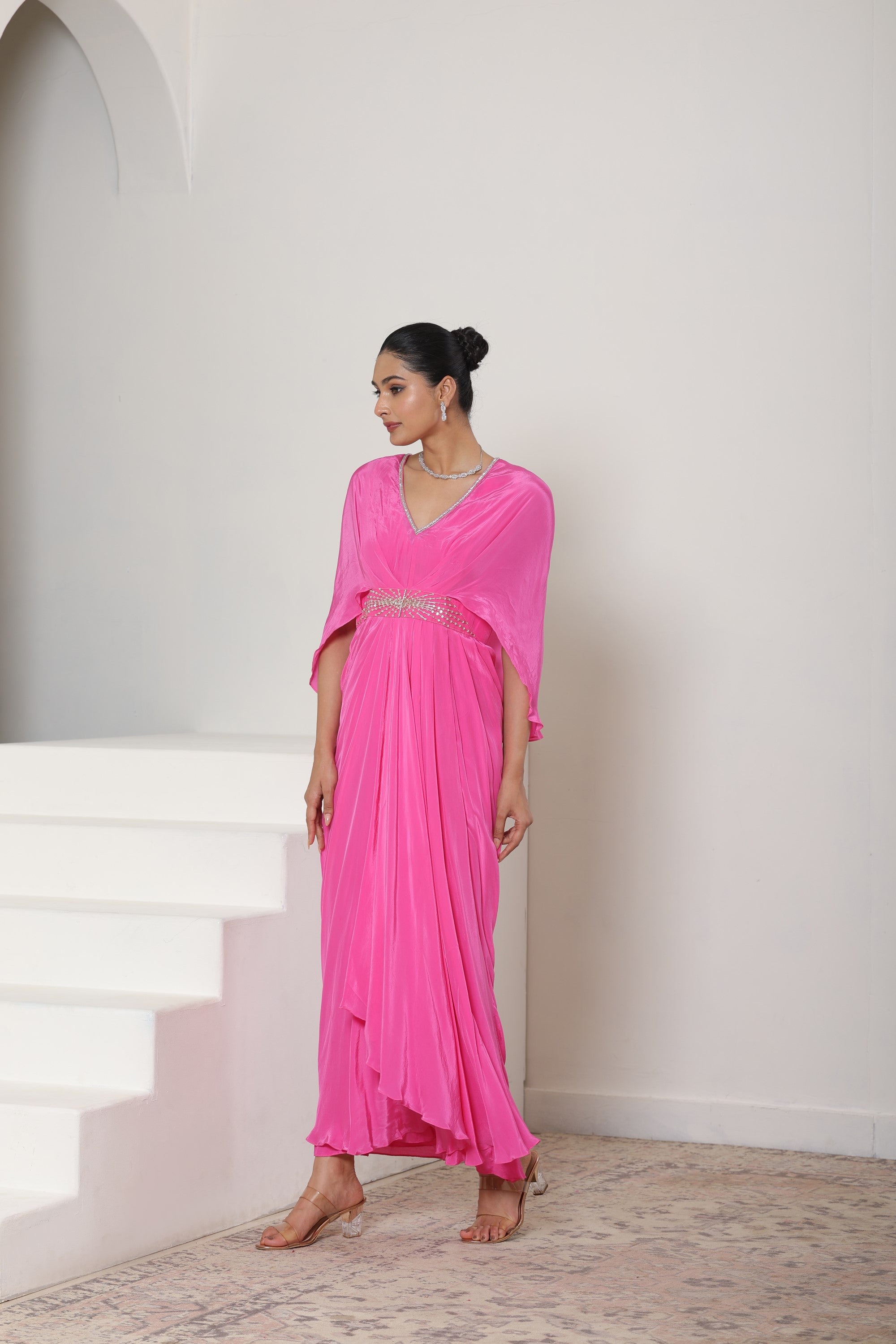 Pink Crepe V- Neck Kaftan – Elegant Cocktail Wear
