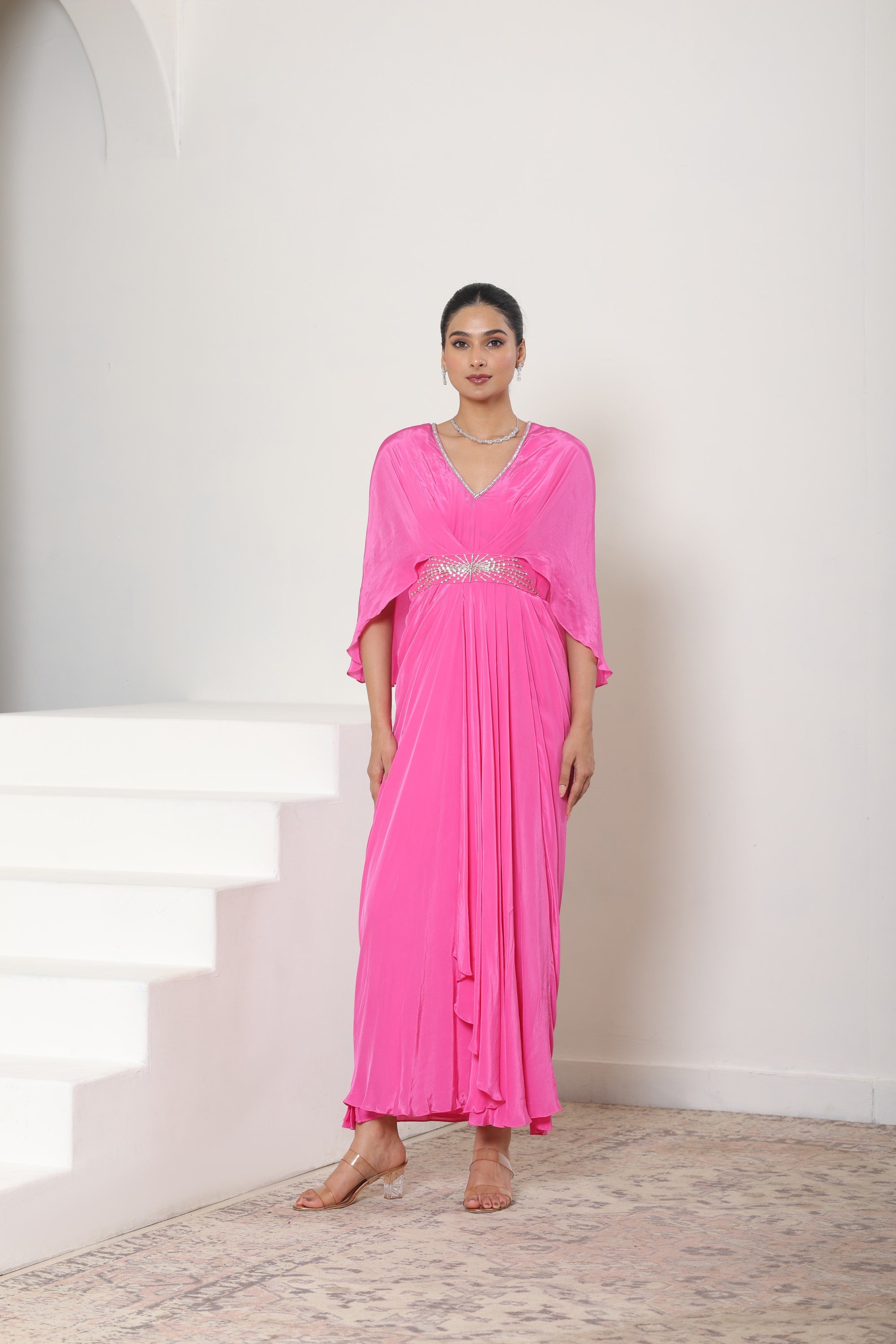 Pink Crepe V- Neck Kaftan – Elegant Cocktail Wear
