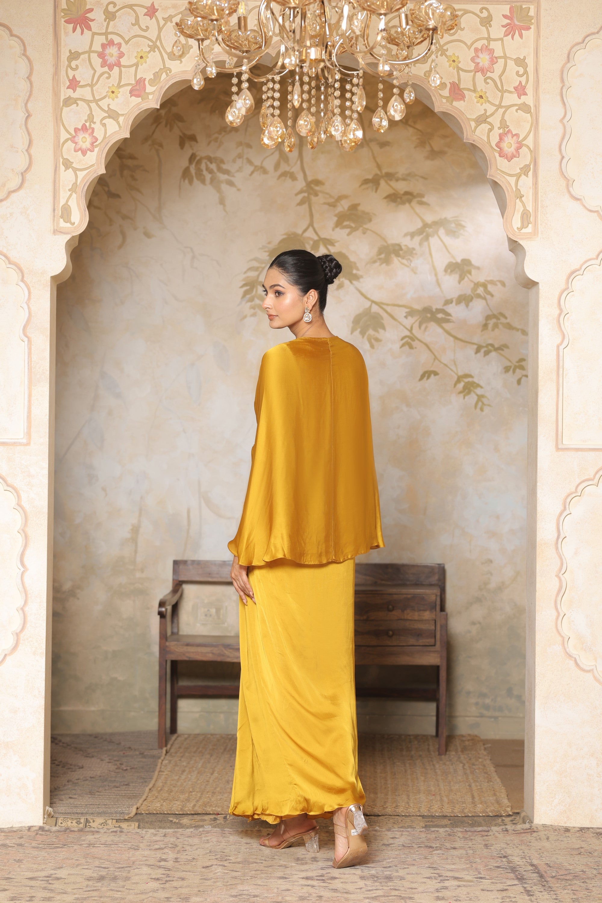 Yellow Crepe V- Neck Embroiderd Kaftan – Handcrafted Festive Wear
