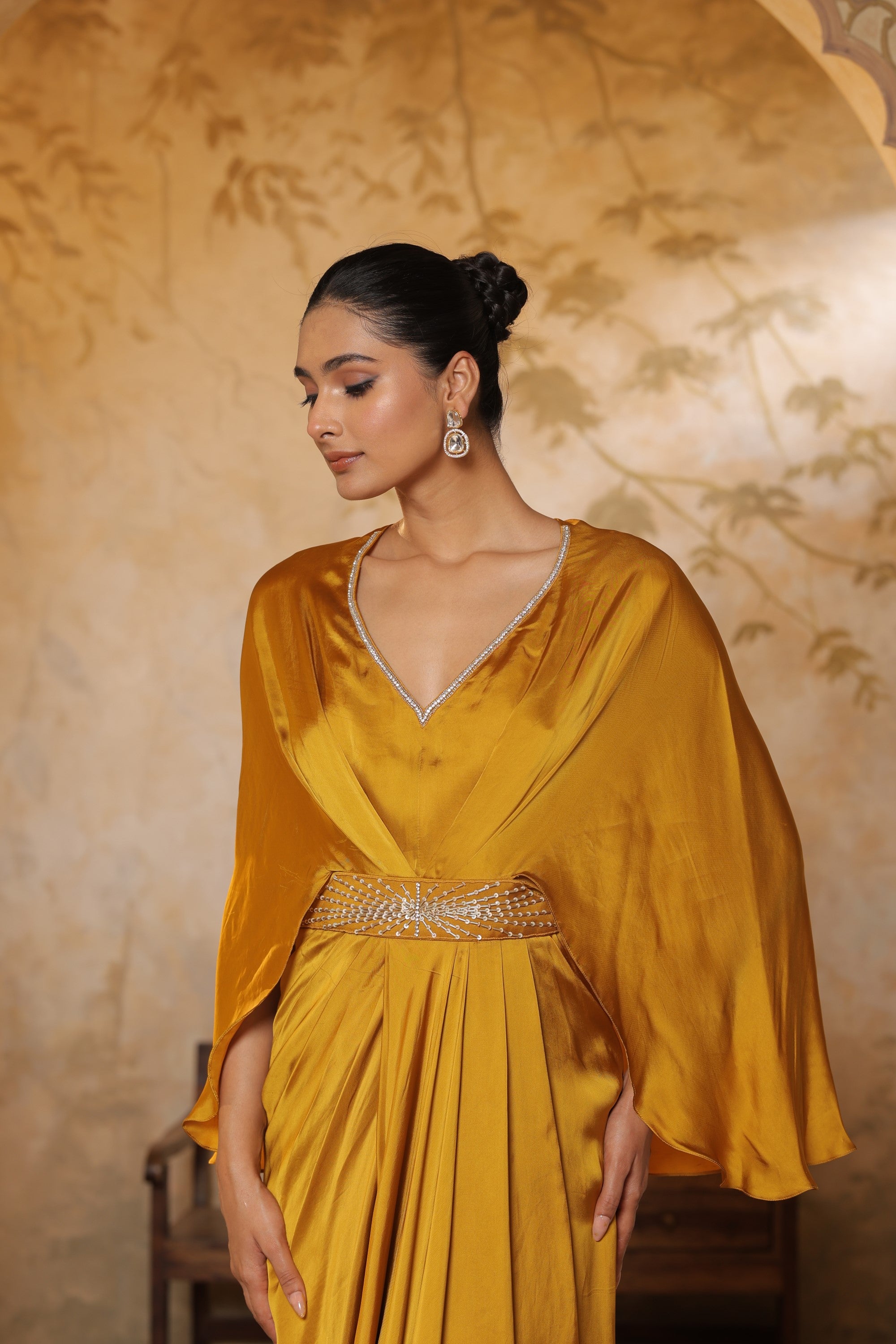 Yellow Crepe V- Neck Embroiderd Kaftan – Handcrafted Festive Wear