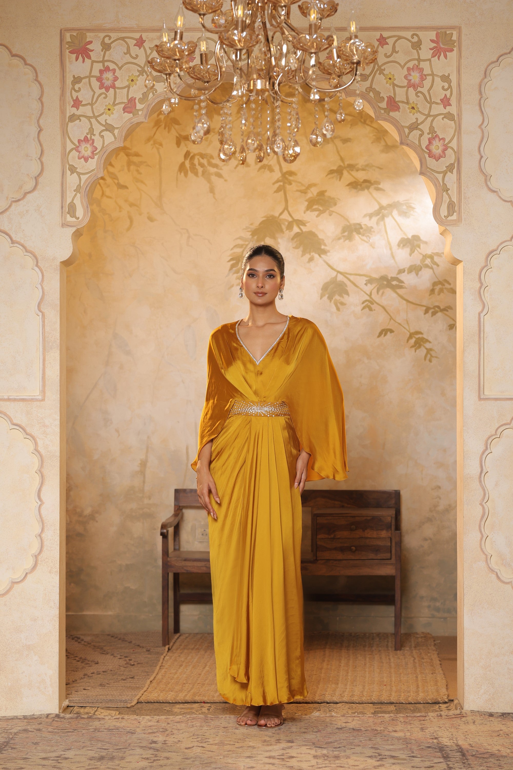 Yellow Crepe V- Neck Embroiderd Kaftan – Handcrafted Festive Wear