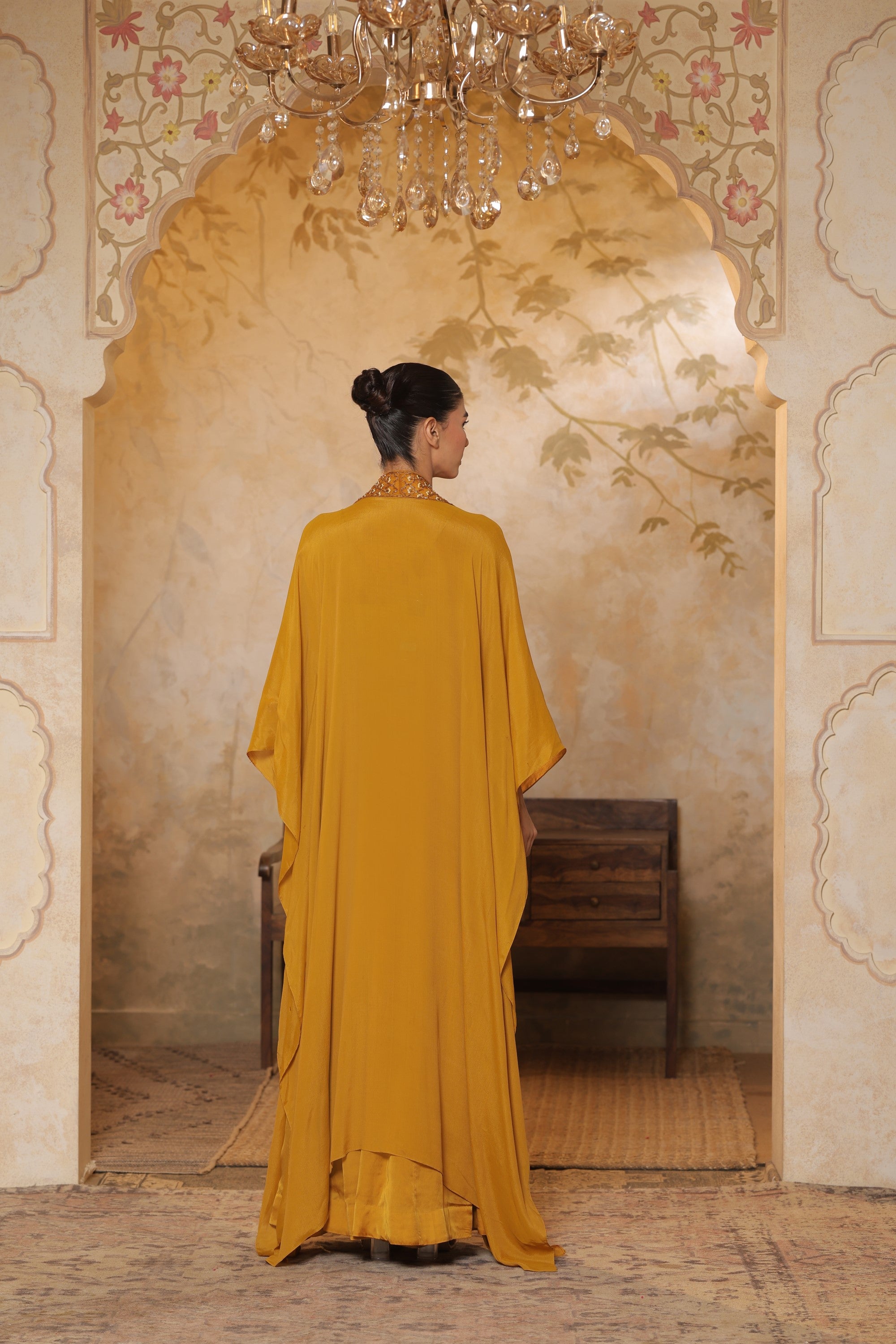 Yellow Crepe V- Neck Embroiderd Kaftan – Handcrafted Festive Wear