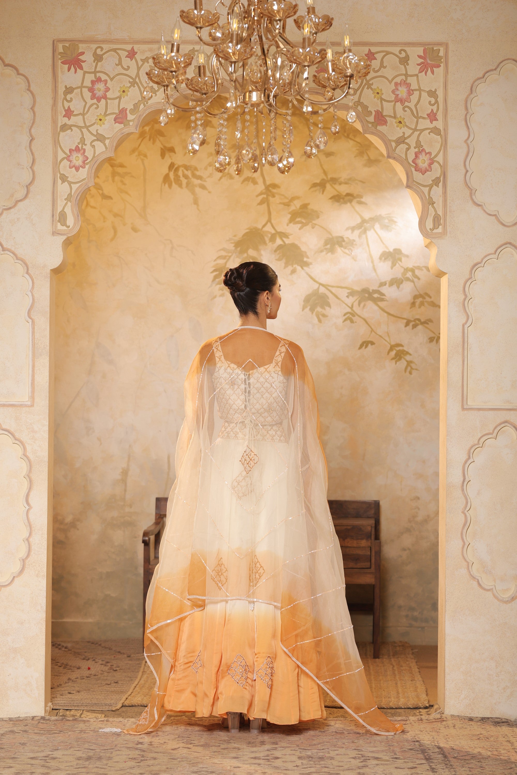 Ivory-Orange Embroidered raw silk top & Organza Lehenga - Festive wear