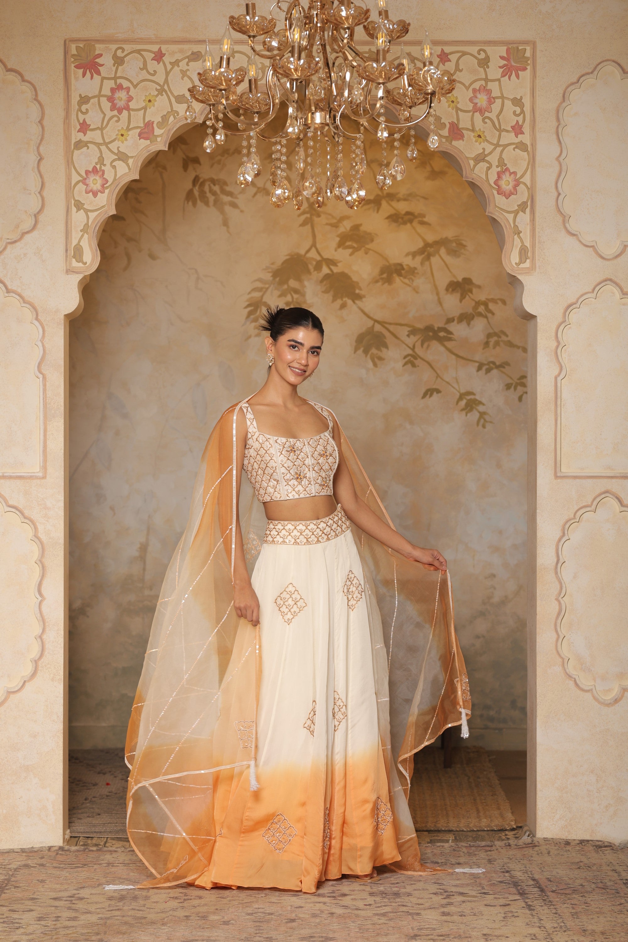 Ivory-Orange Embroidered raw silk top & Organza Lehenga - Festive wear