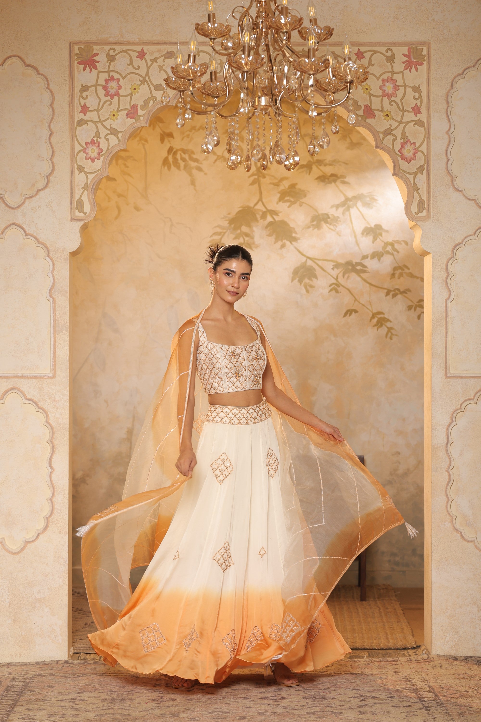 Ivory-Orange Embroidered raw silk top & Organza Lehenga - Festive wear