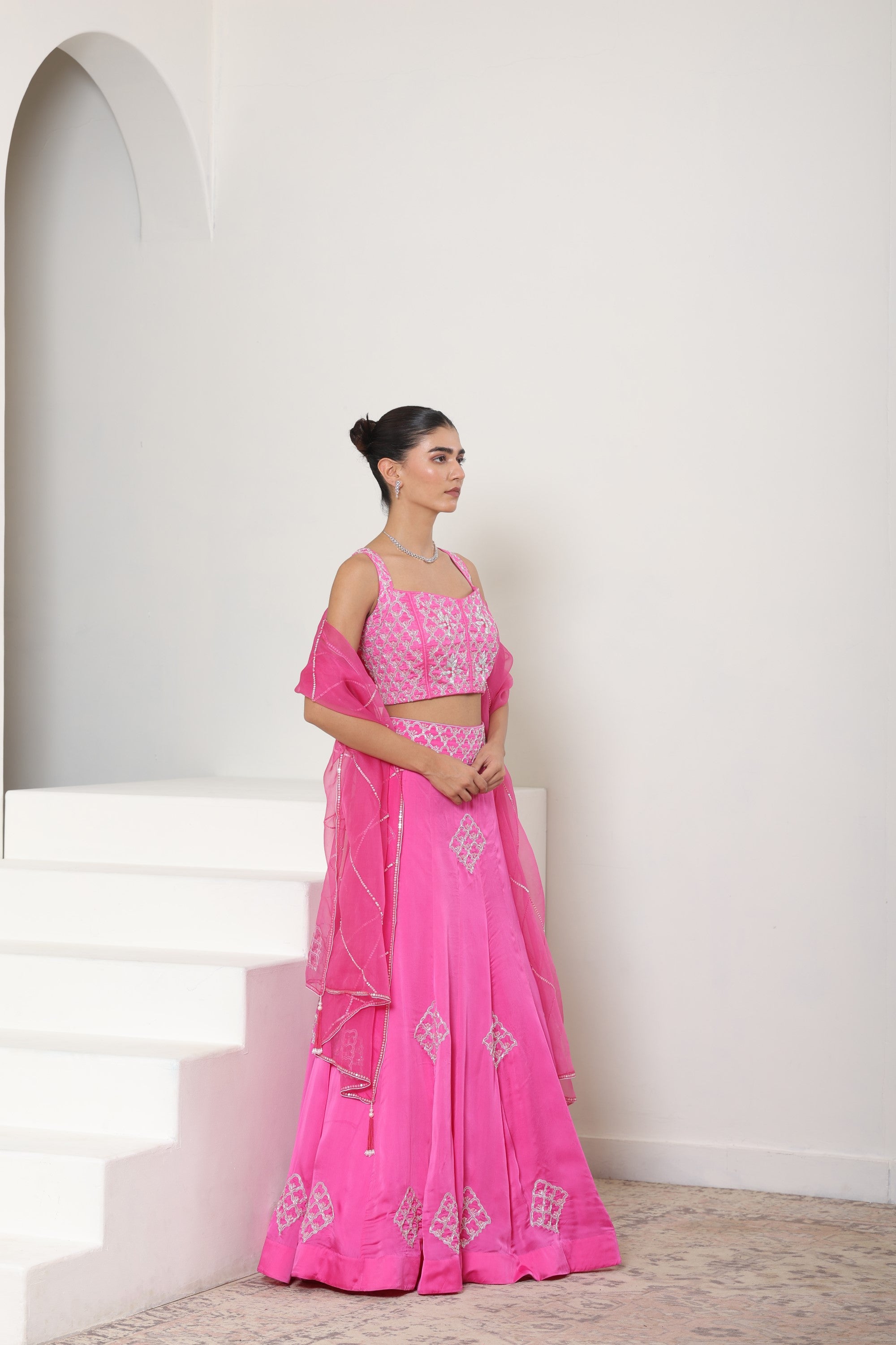 Pink Satin Organza Embroiderd Lehenga Set - Premium Reception Wear