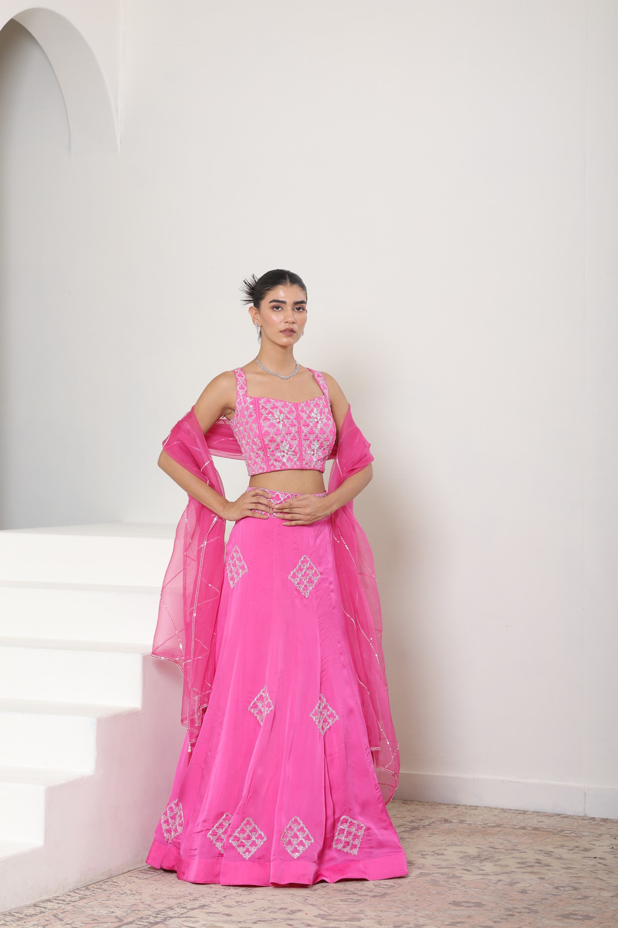 Pink Satin Organza Embroiderd Lehenga Set - Premium Reception Wear
