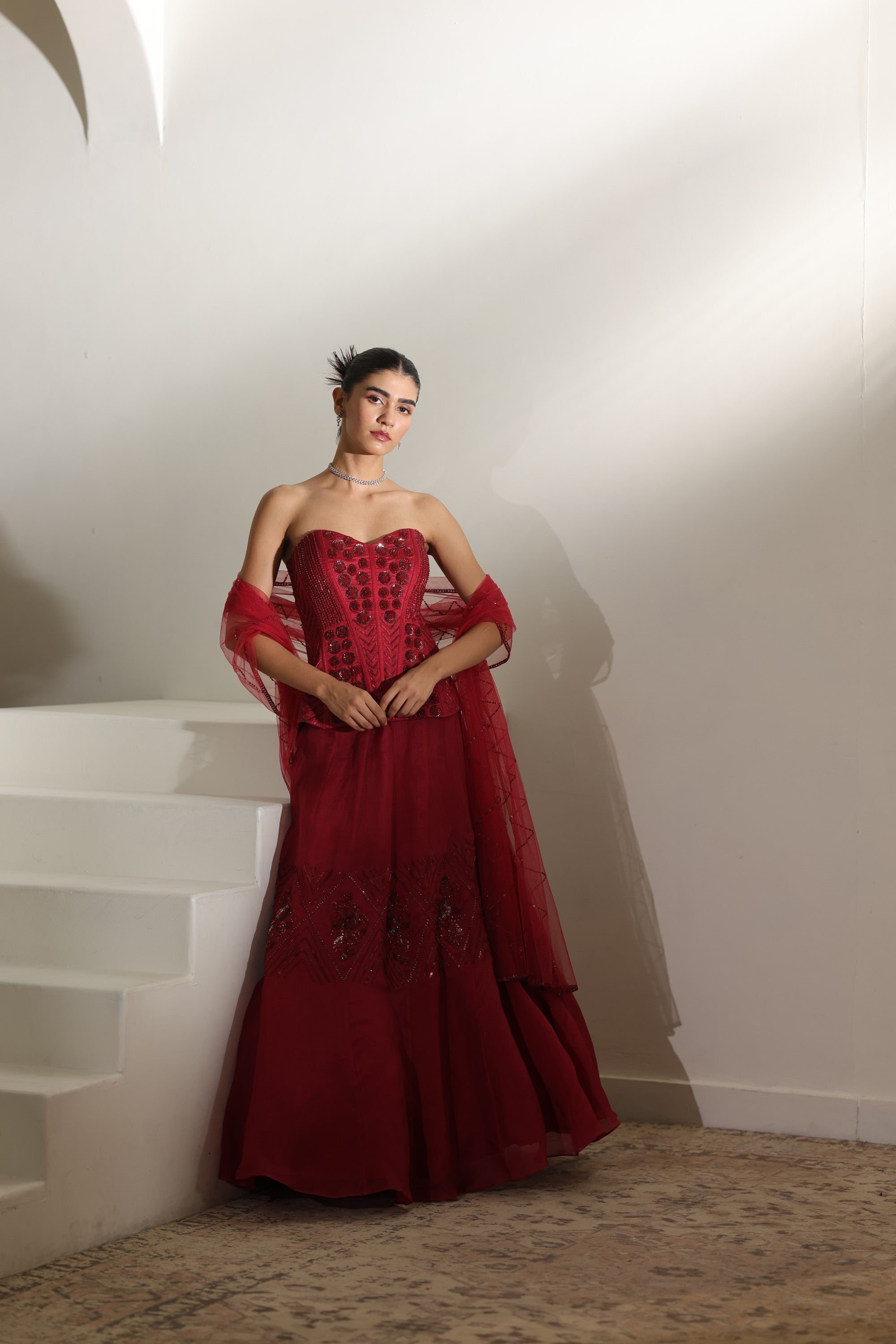 Burgundy Raw Silk & Organza Embroidered Lehenga - Elegant Bridal Wear