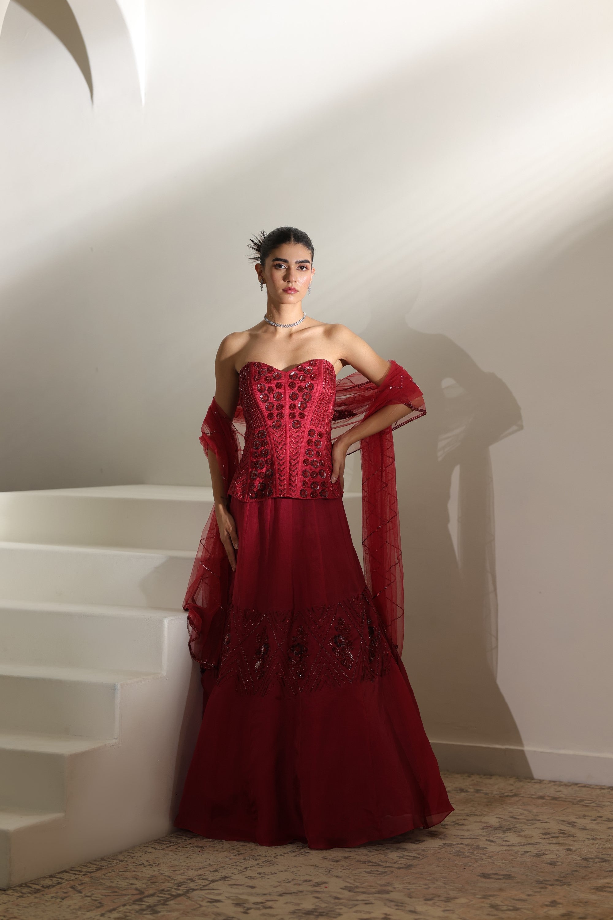 Burgundy Raw Silk & Organza Embroidered Lehenga - Elegant Bridal Wear