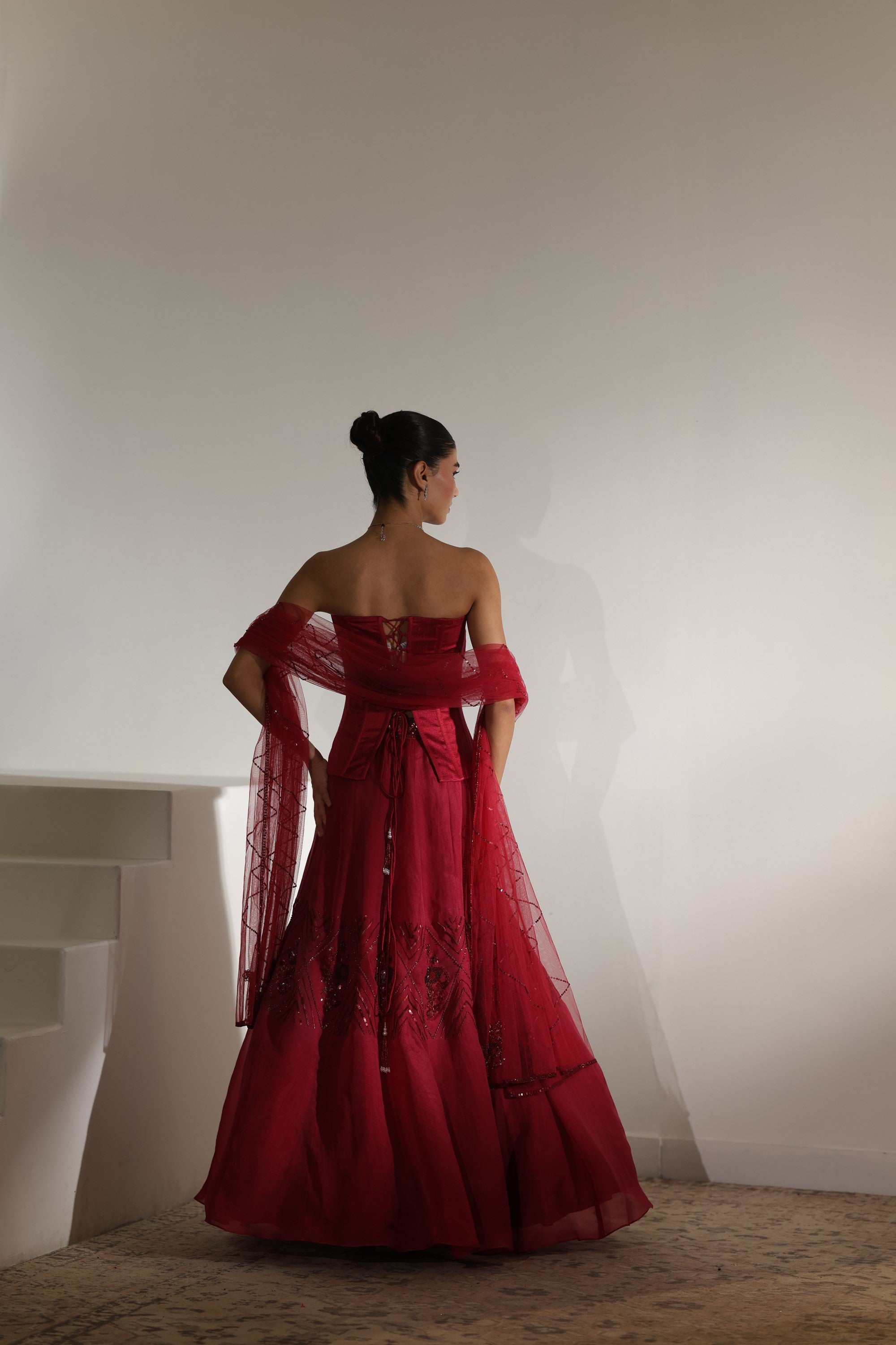 Burgundy Raw Silk & Organza Embroidered Lehenga - Elegant Bridal Wear