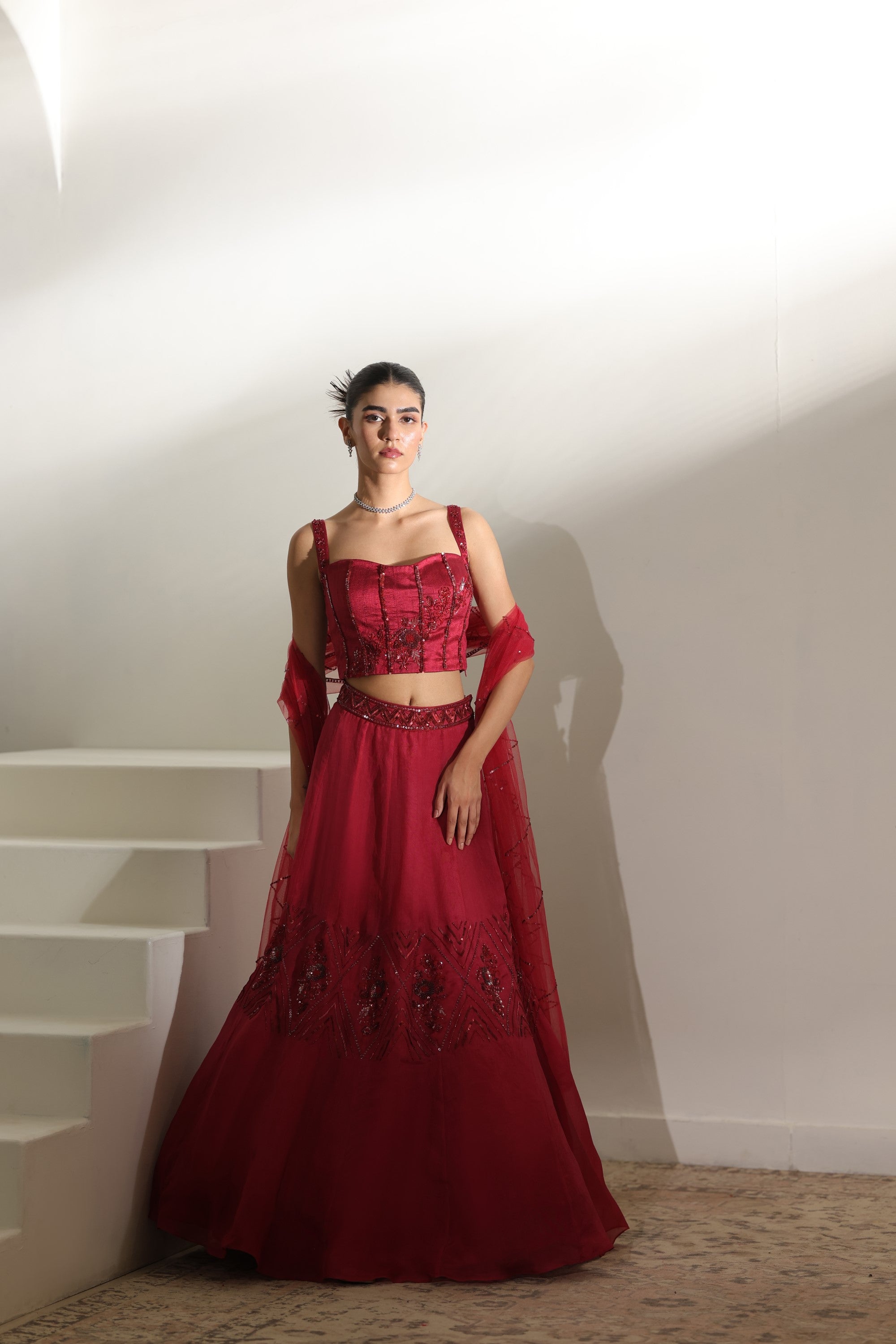 Burgundy Organza Hand Embroidered Lehenga - Elegant Wedding Wear
