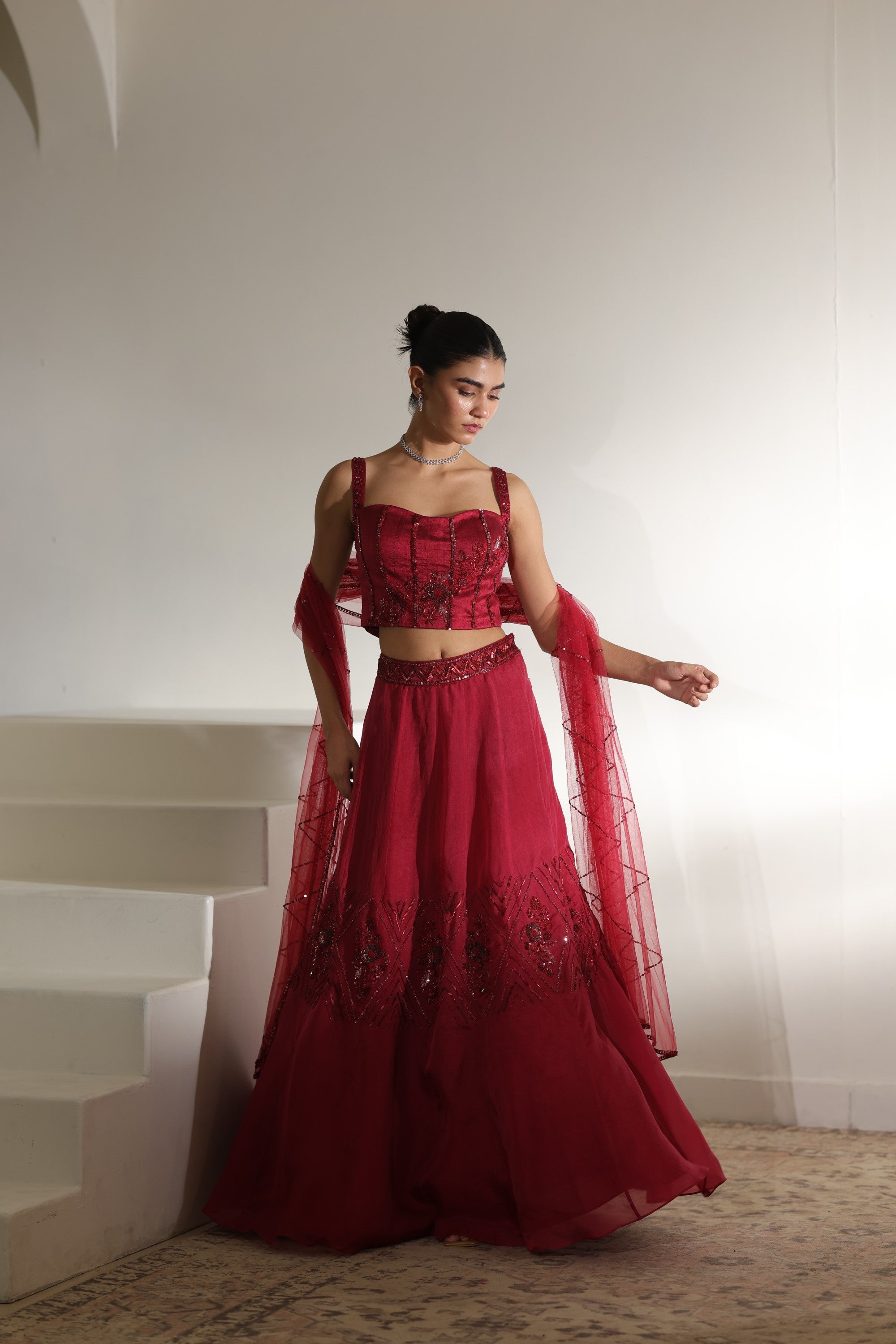 Burgundy Organza Hand Embroidered Lehenga - Elegant Wedding Wear