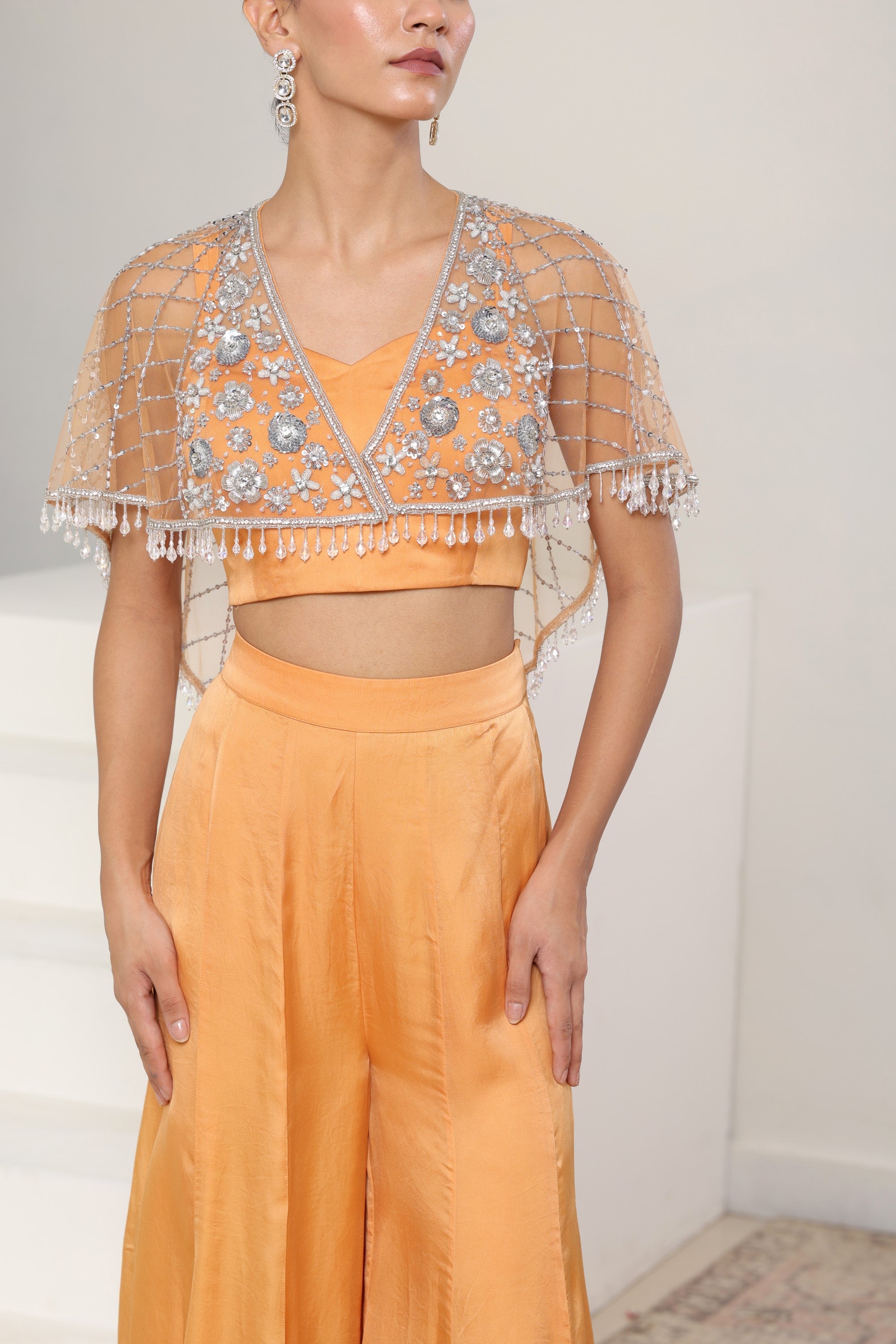 Orange Satin Organza Embroidered Sharara & Cape Set - Festive Wear