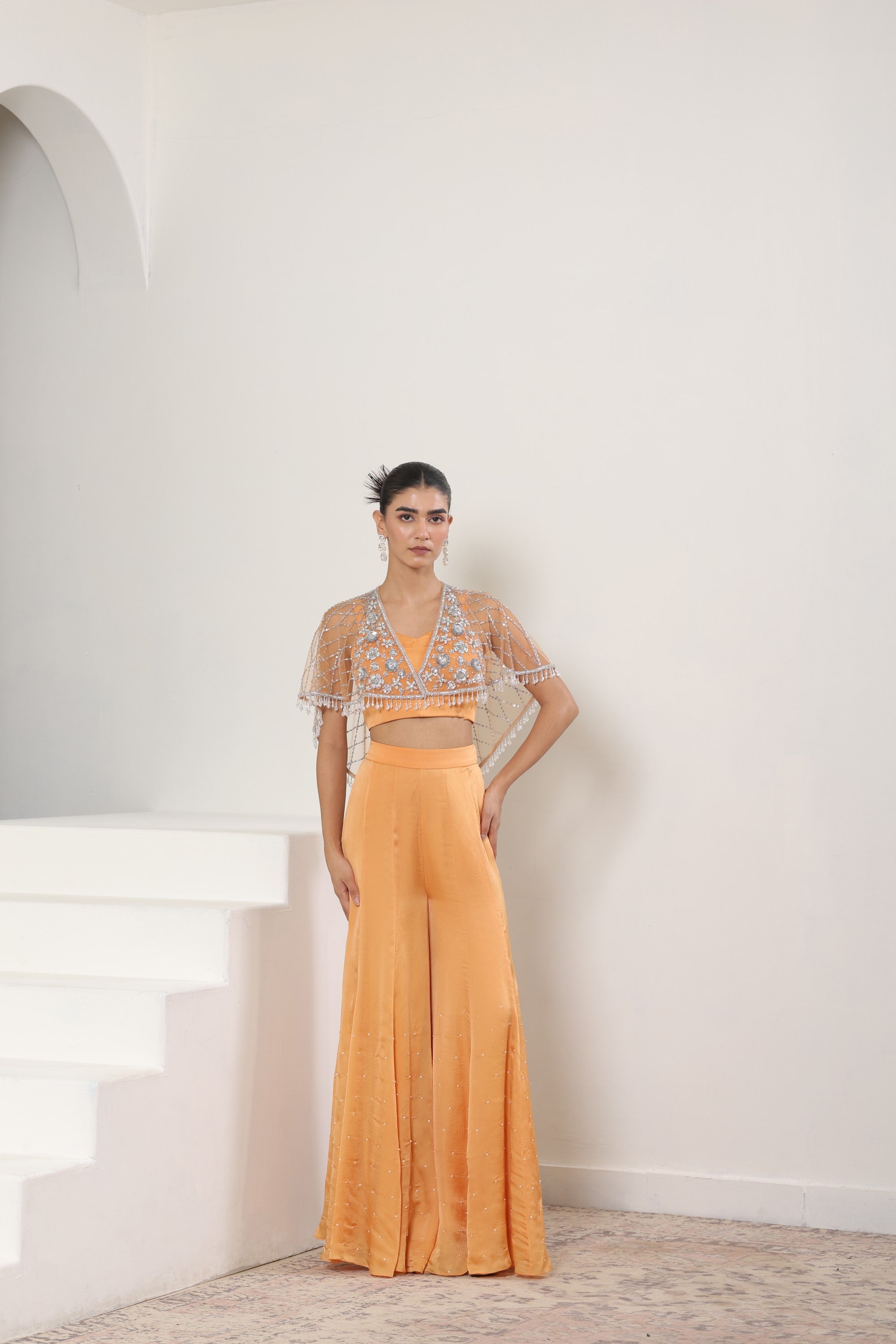 Orange Satin Organza Embroidered Sharara & Cape Set - Festive Wear