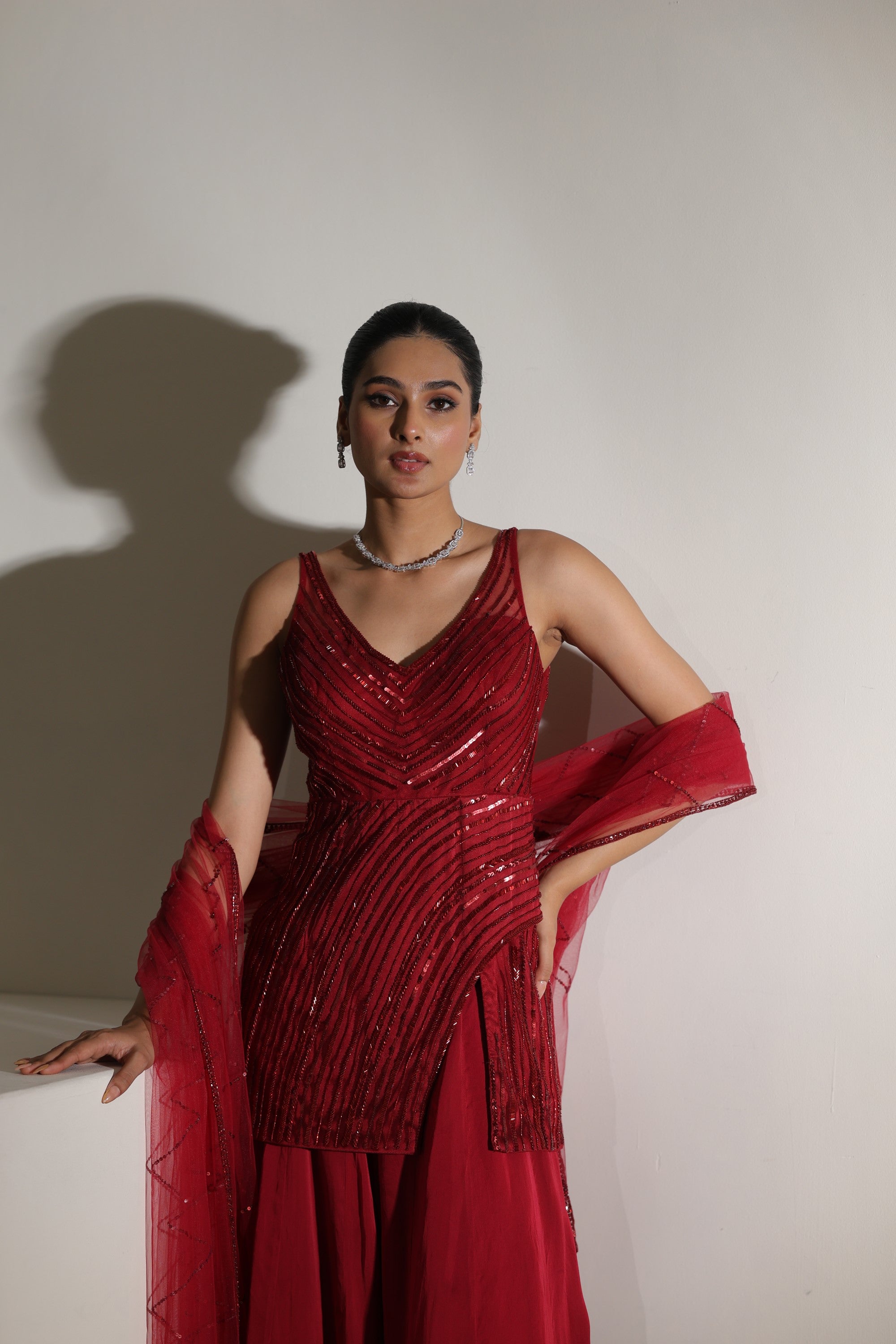 Burgundy Satin Organza Sharara with Embroidered Coreset - Wedding Wear