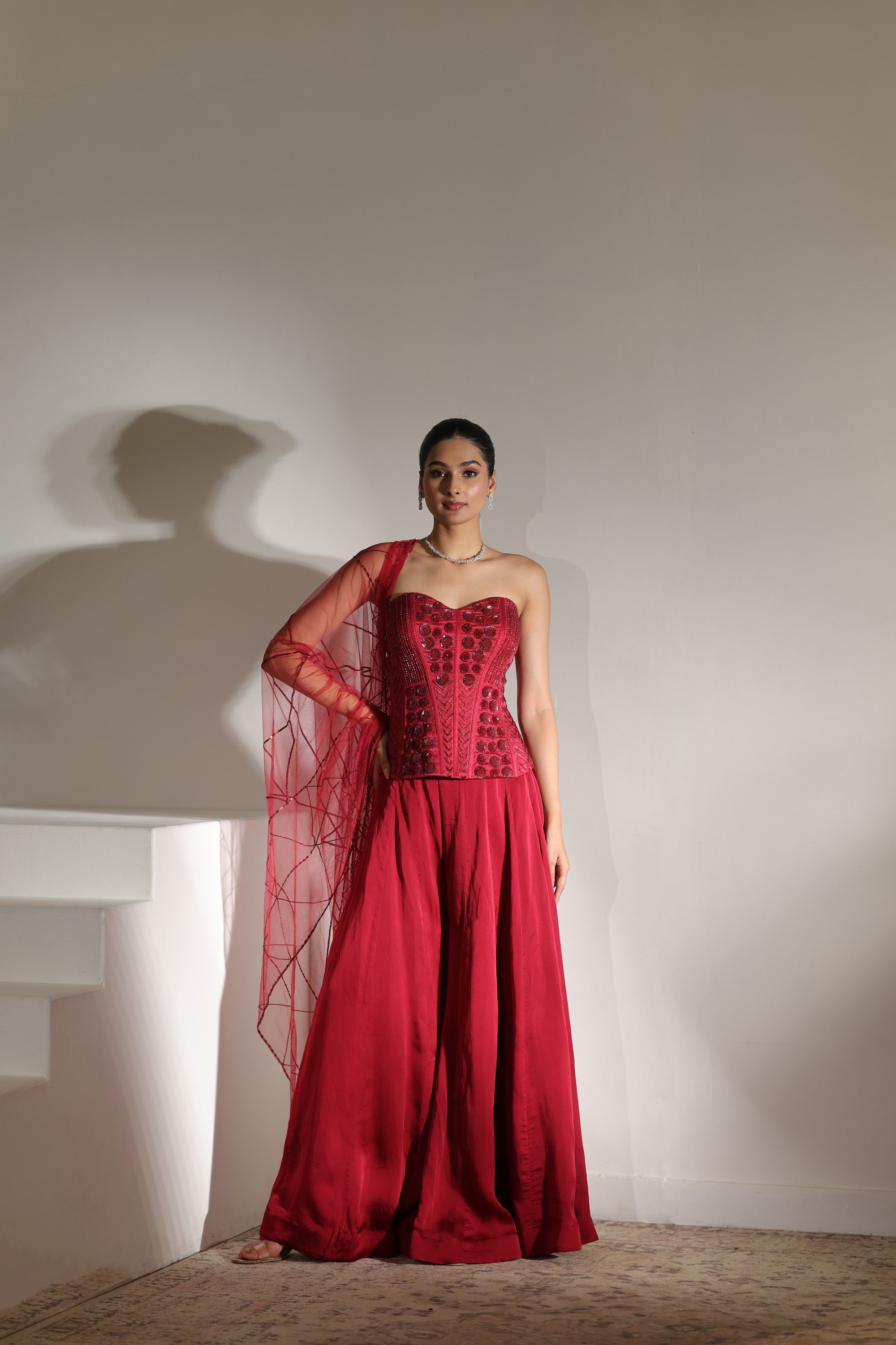 Maroon Satin Organza Embroidered Sharara Set - Premium Wedding Wear