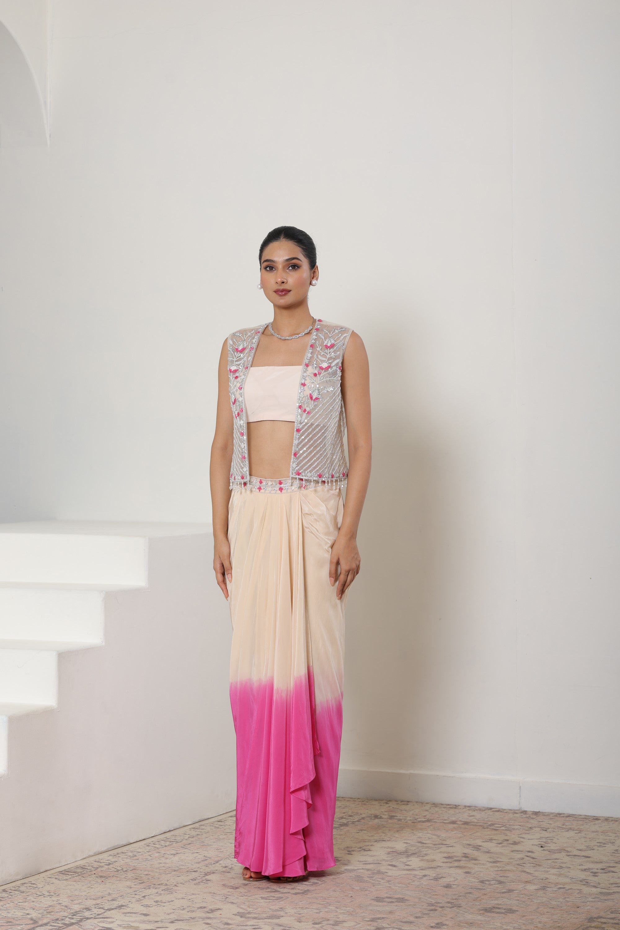 Ivory-Pink Viscose Crepe Pre Draped Skirt Dress- Premium Occasion Wear