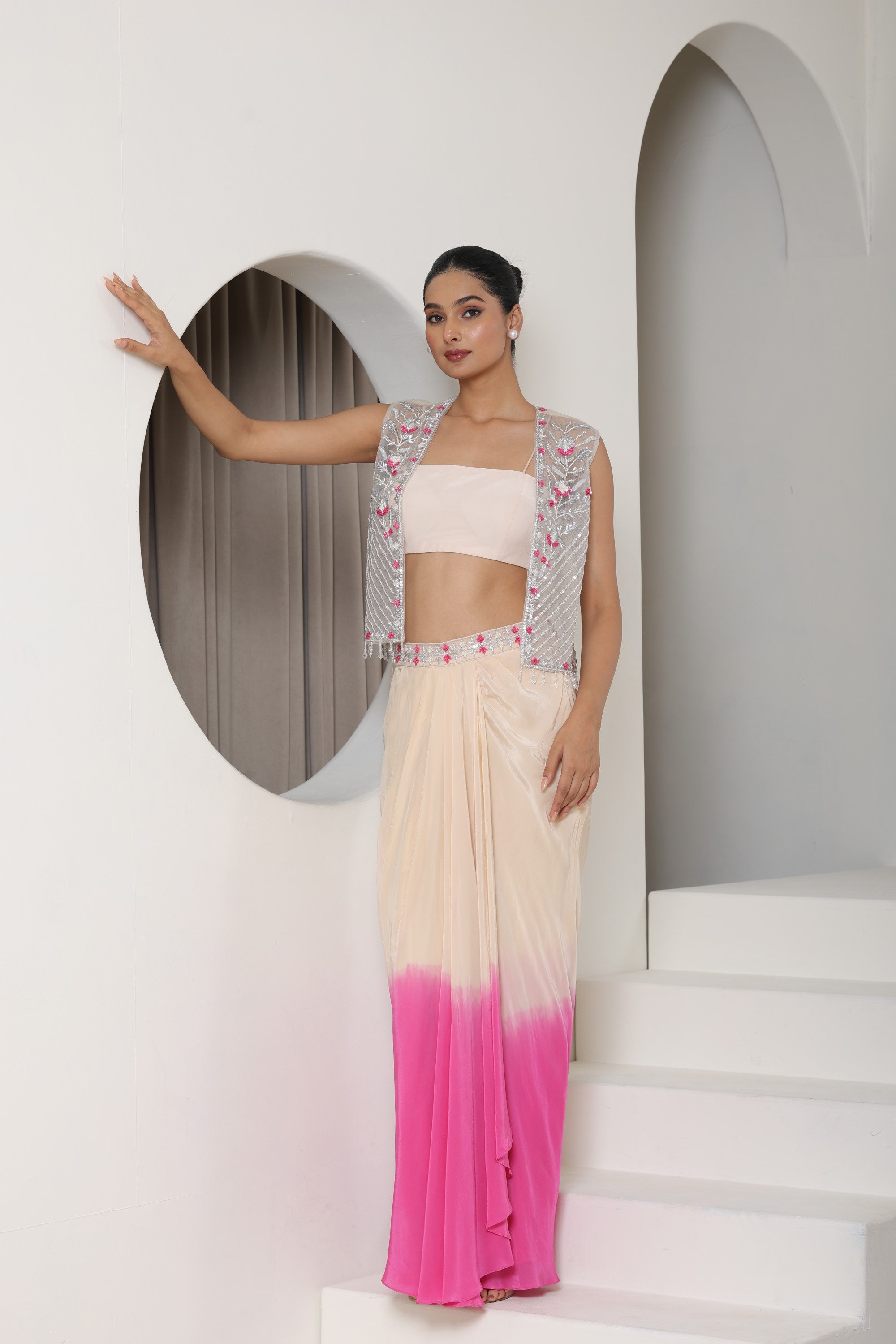 Ivory-Pink Viscose Crepe Pre Draped Skirt Dress- Premium Occasion Wear