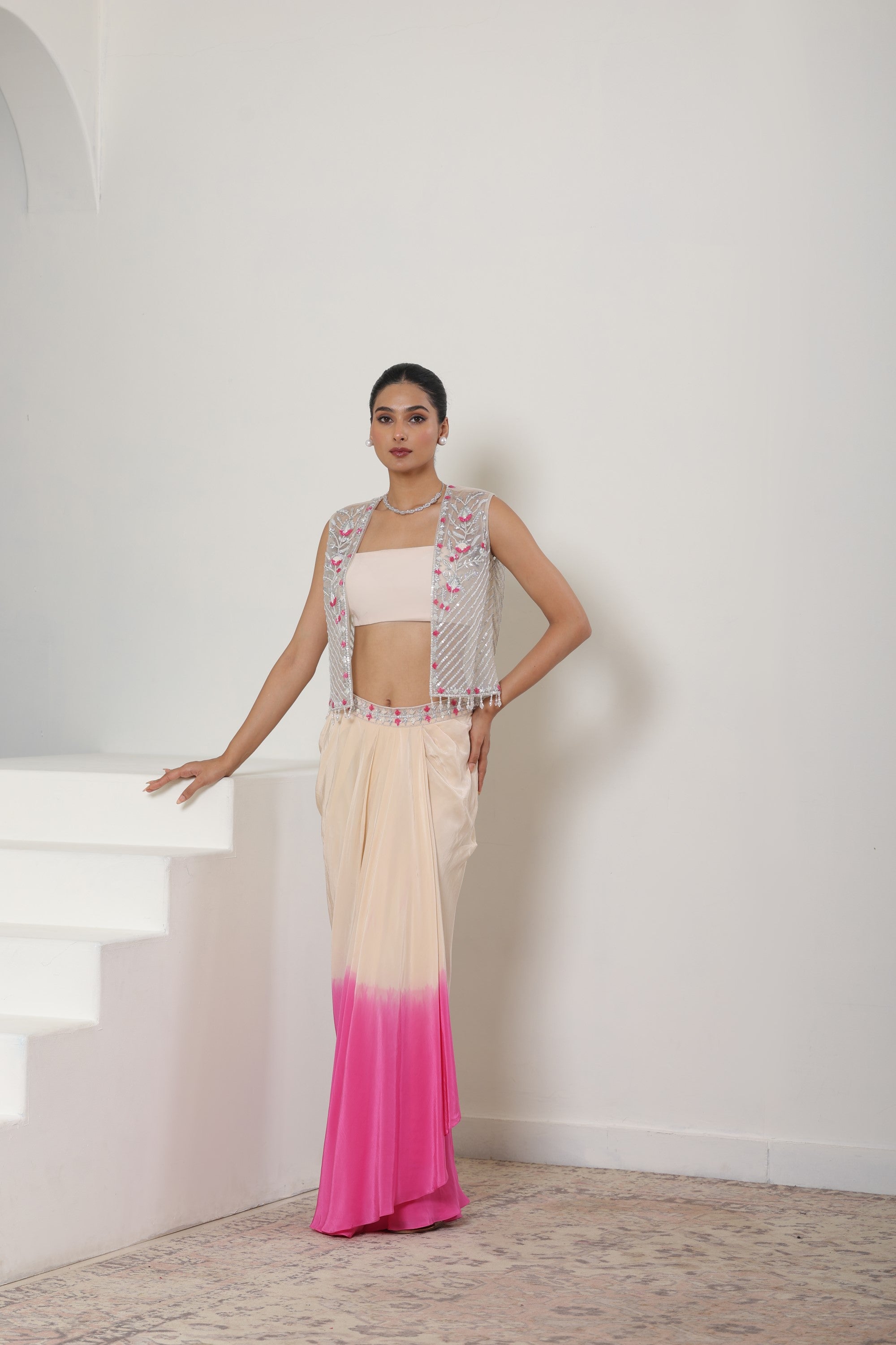 Ivory-Pink Viscose Crepe Pre Draped Skirt Dress- Premium Occasion Wear