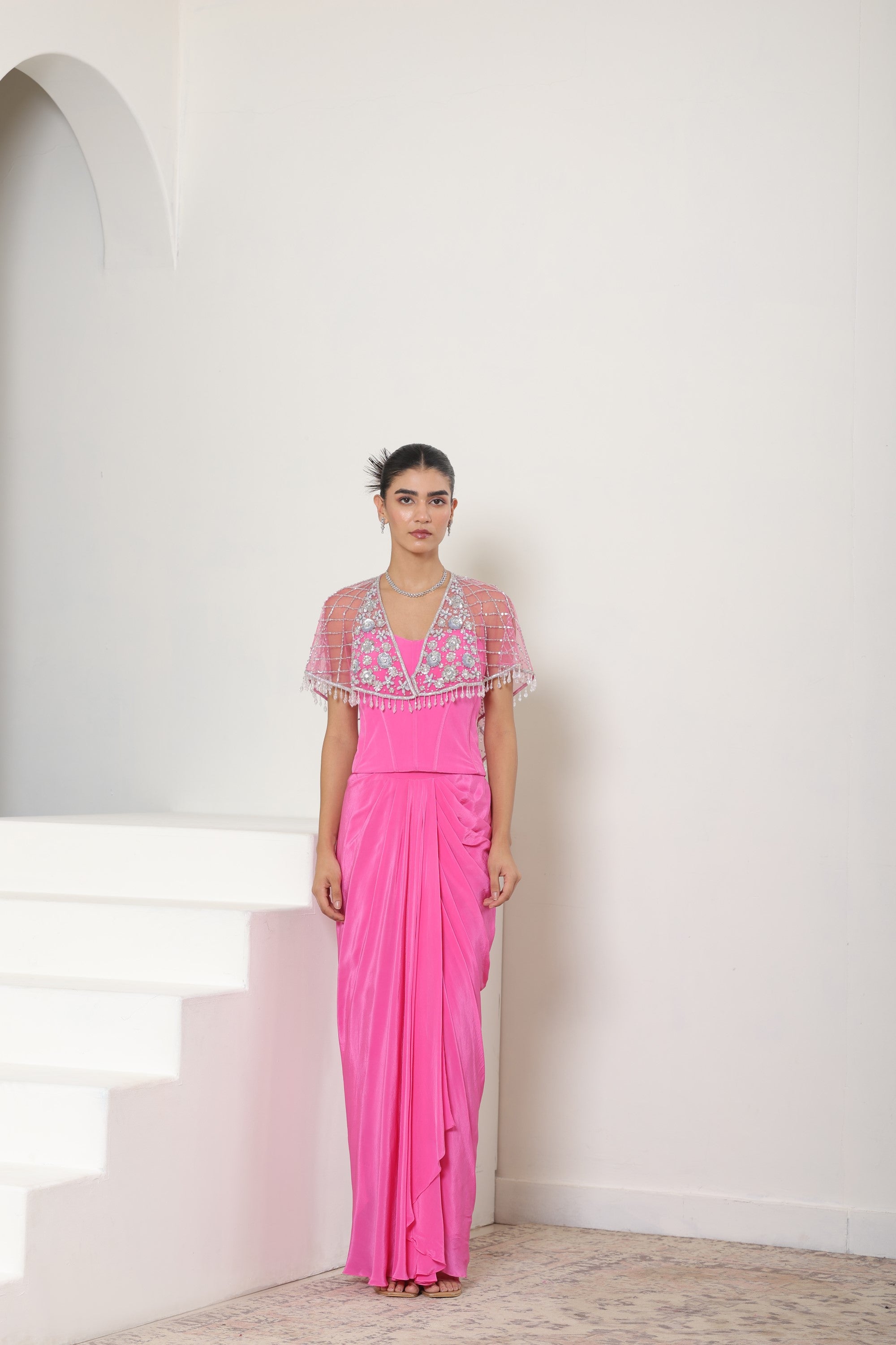 Ivory Yellow Satin Organza Sequence Work Jumpsuit - Premium Haldi Wear