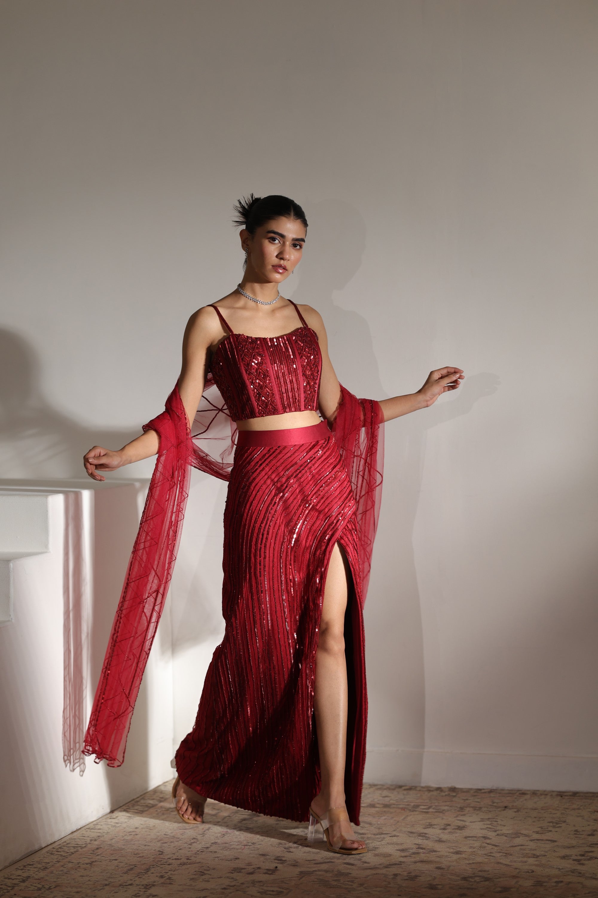 Burgundy Satin Embroiderd Western Skirt Set - Handcrafted Festive Wear