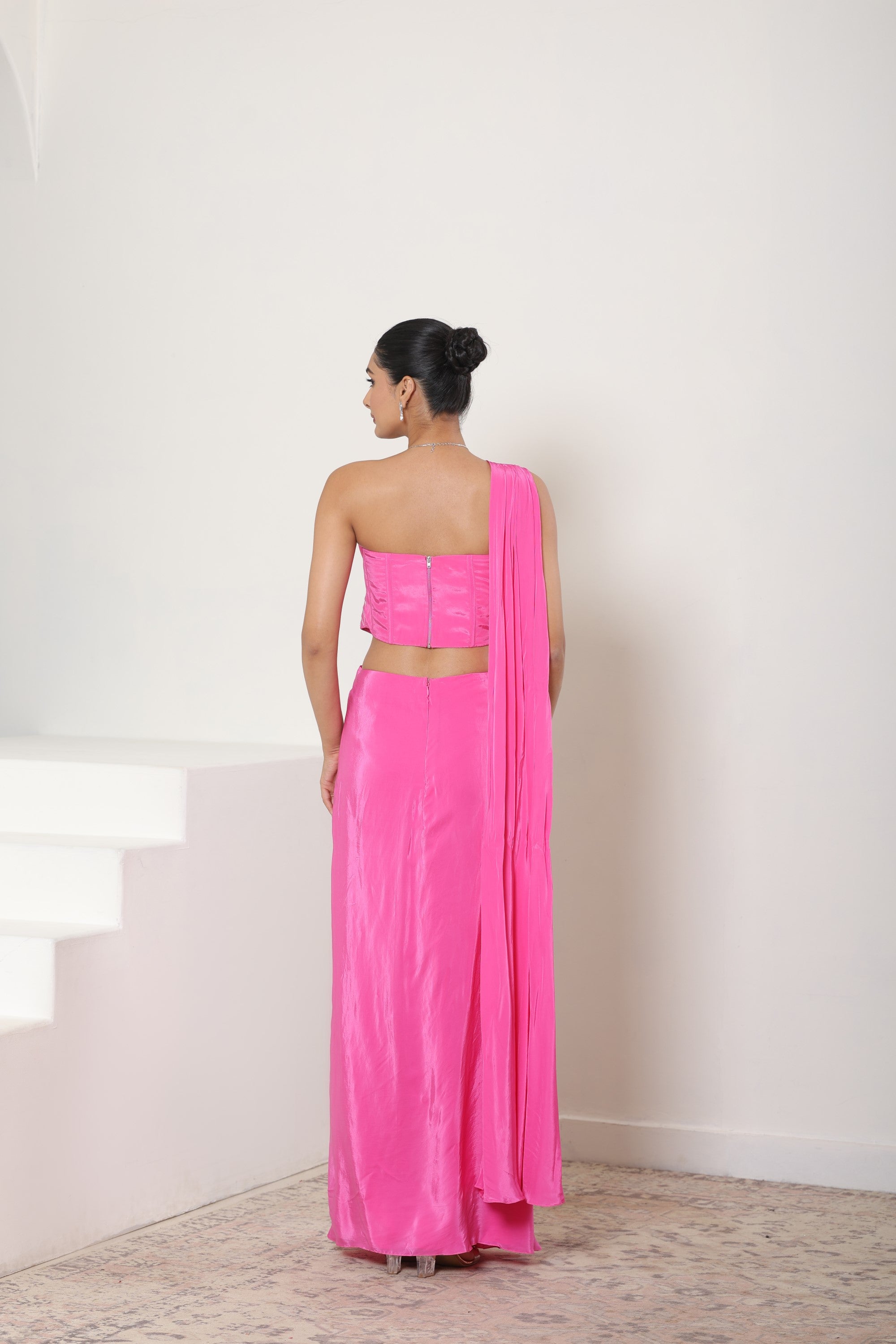 Hot Pink Hand Embroidered Crepe Saree - Premium Cocktail Wear