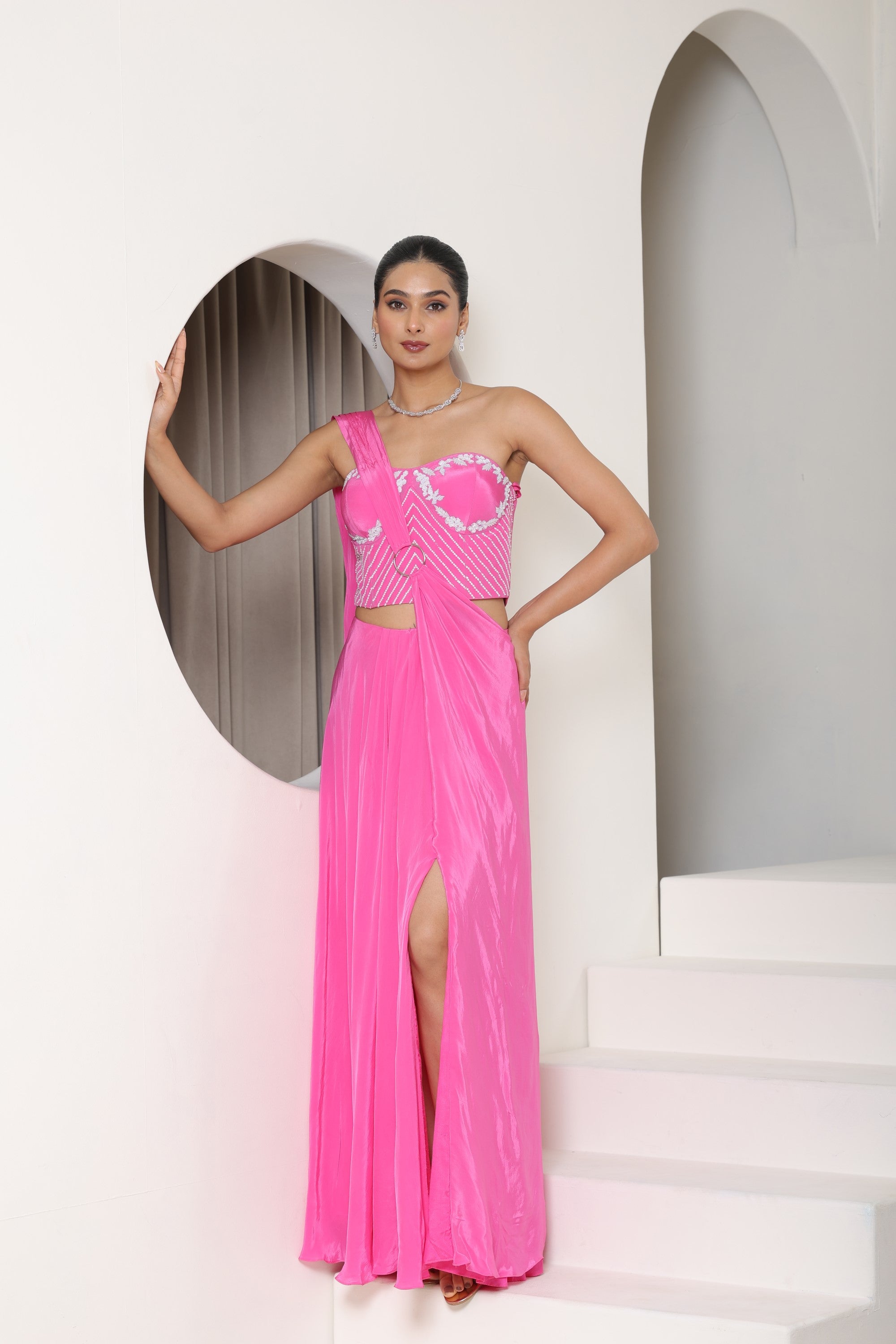 Hot Pink Hand Embroidered Crepe Saree - Premium Cocktail Wear