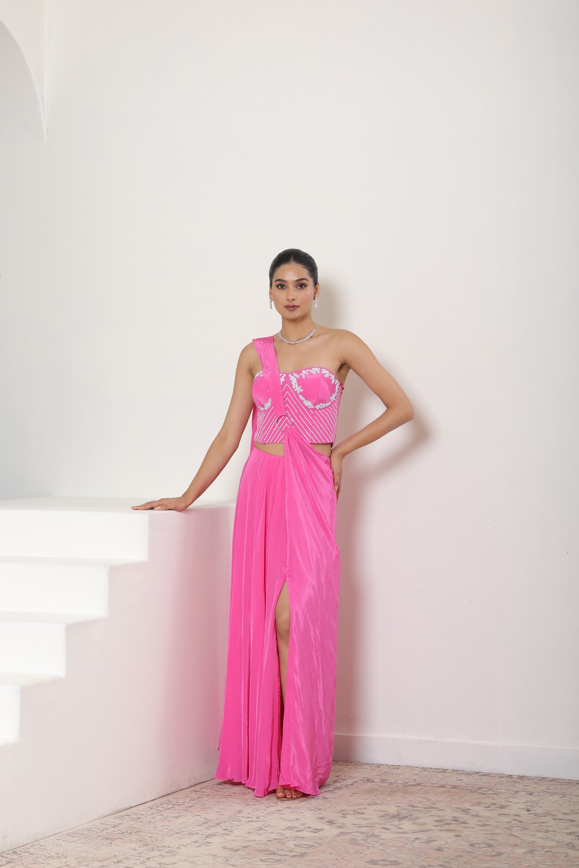 Hot Pink Hand Embroidered Crepe Saree - Premium Cocktail Wear