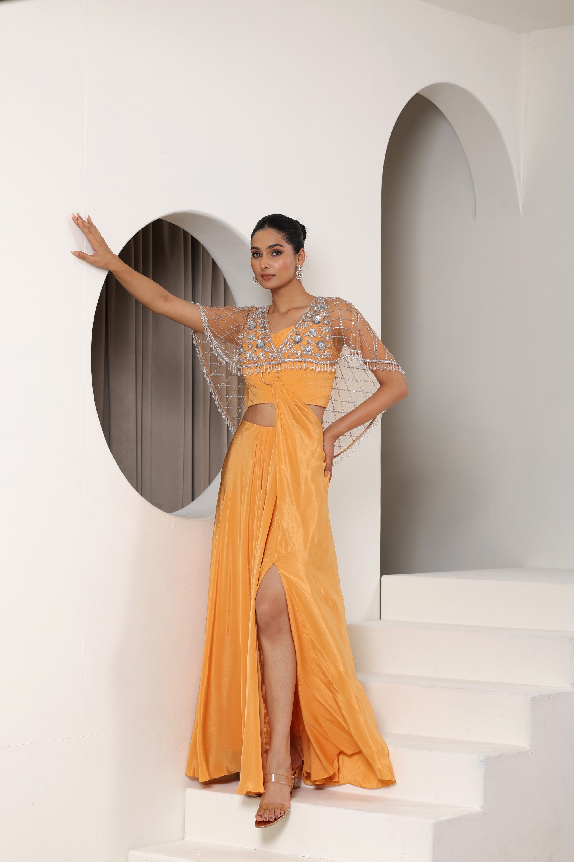 Orange Crepe Saree wih Embroidered Cape - Designer Sangeet Wear
