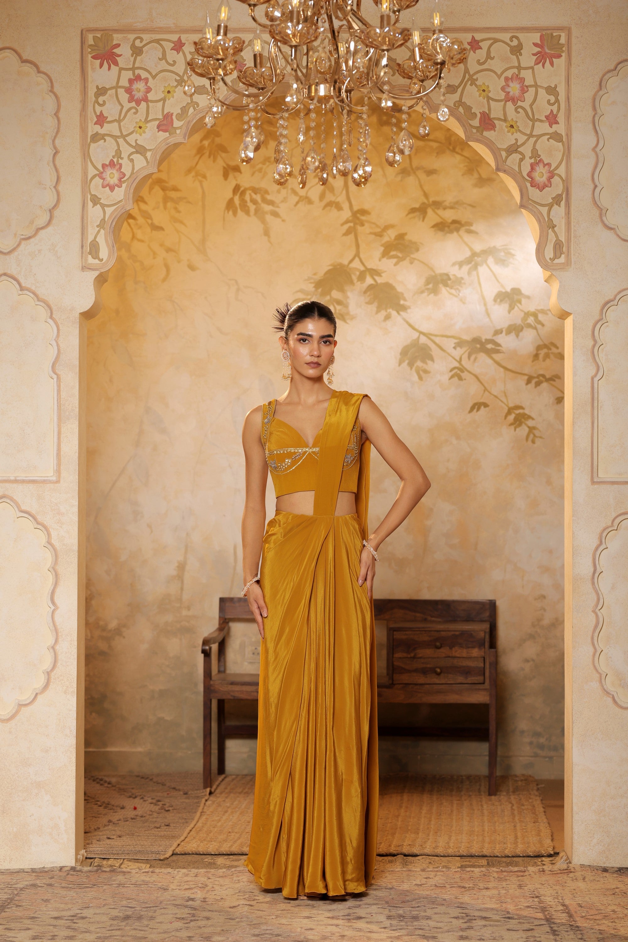 Golden Yellow Crepe Embroidered Saree - Elegant Haldi Wear