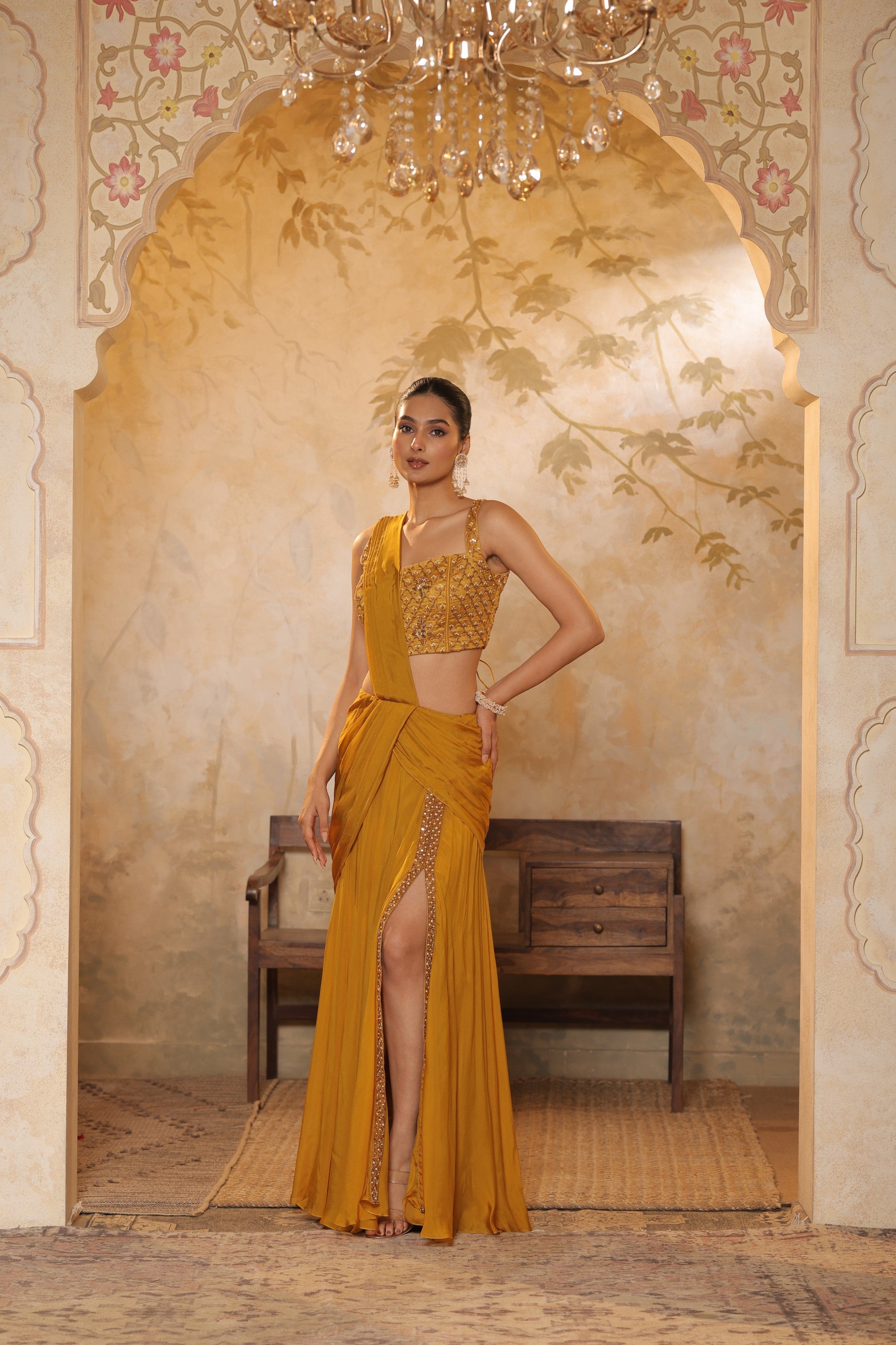 Golden Yellow Flat silk chiffon Embroidered Saree - Elegant Traditional Wear