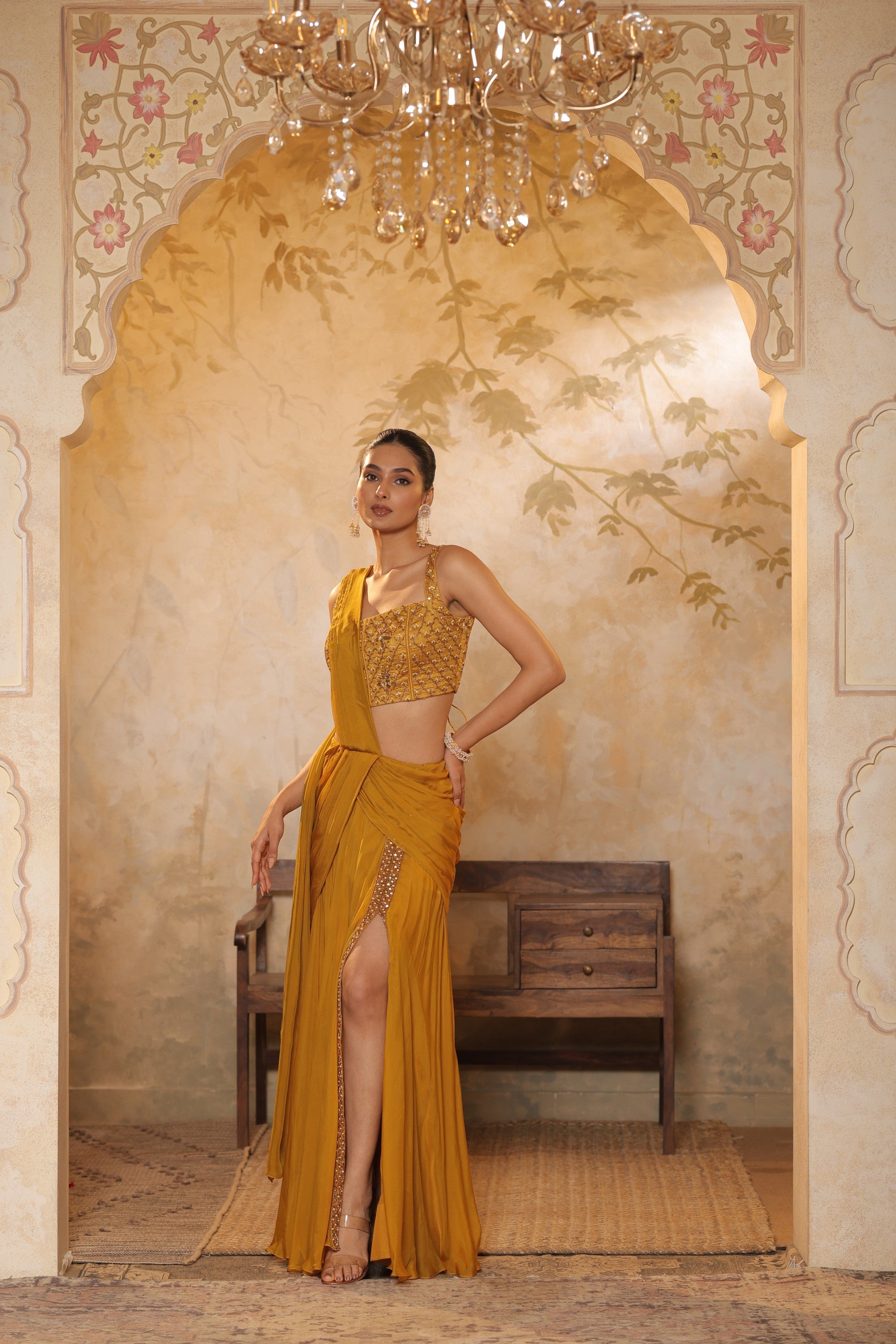 Golden Yellow Flat silk chiffon Embroidered Saree - Elegant Traditional Wear